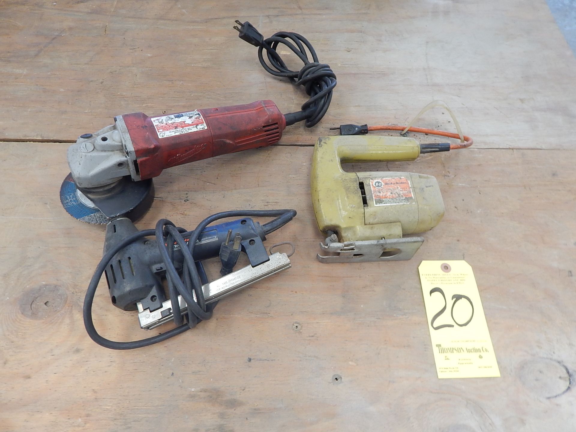 Lot, Milwaukee 4" Right Angle Grinder, Black & Decker Jig Saw, and Black & Decker Electric Stapler