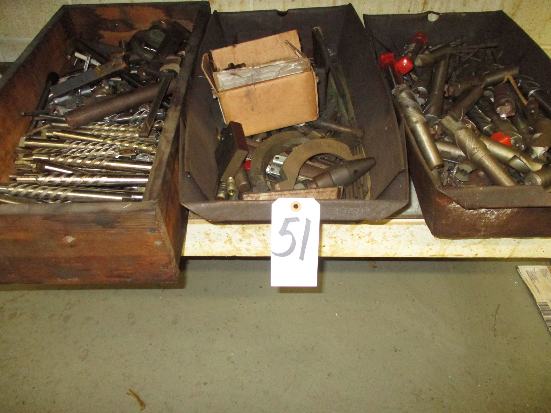 (1) Wooden Box and (2) Metal Parts Bins with Miscellaneous Tooling