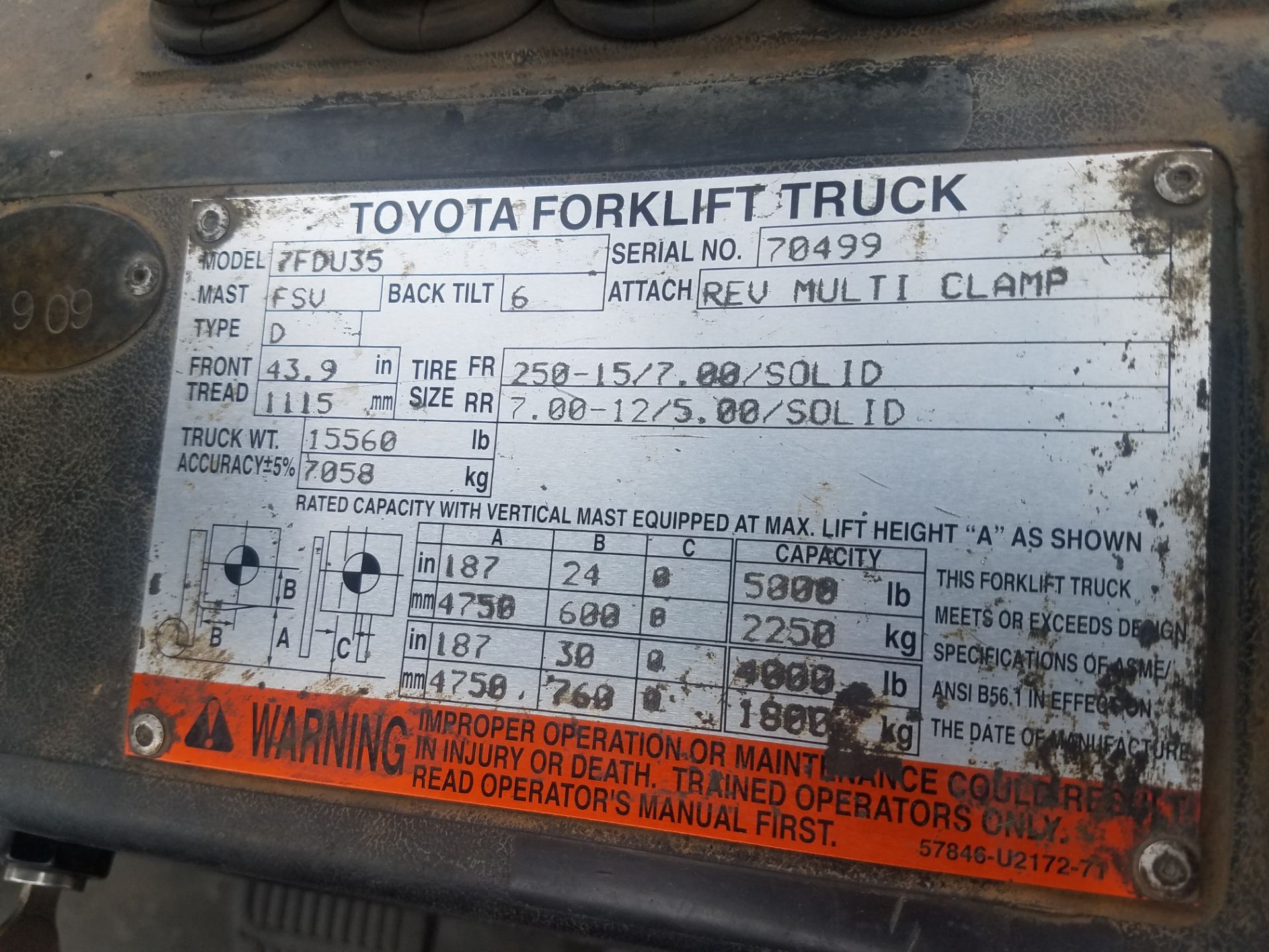 Toyota Model 7FDU35, s/n 70499, 5,000 Lb. Capacity, Diesel, Hard Tire, with Cascase Multi Clamp - Image 6 of 6