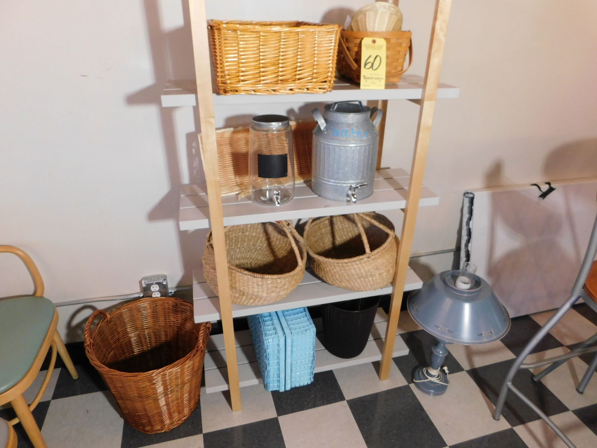 Metal Shelving with (5) Shelves, Misc. Baskets, Lamp and (2) Water Pitchers