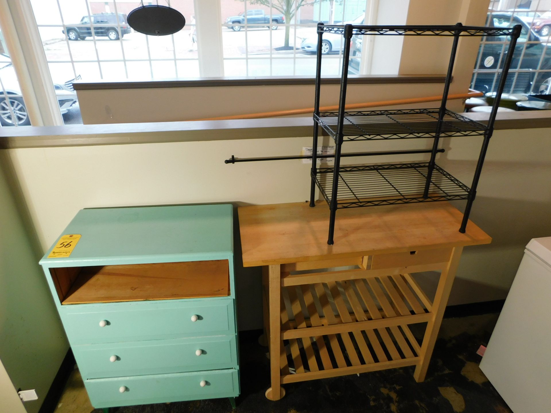 Small Wooden Dresser, 3-Shelf Metal Rack, Pine Butcher Block Table on Wheels