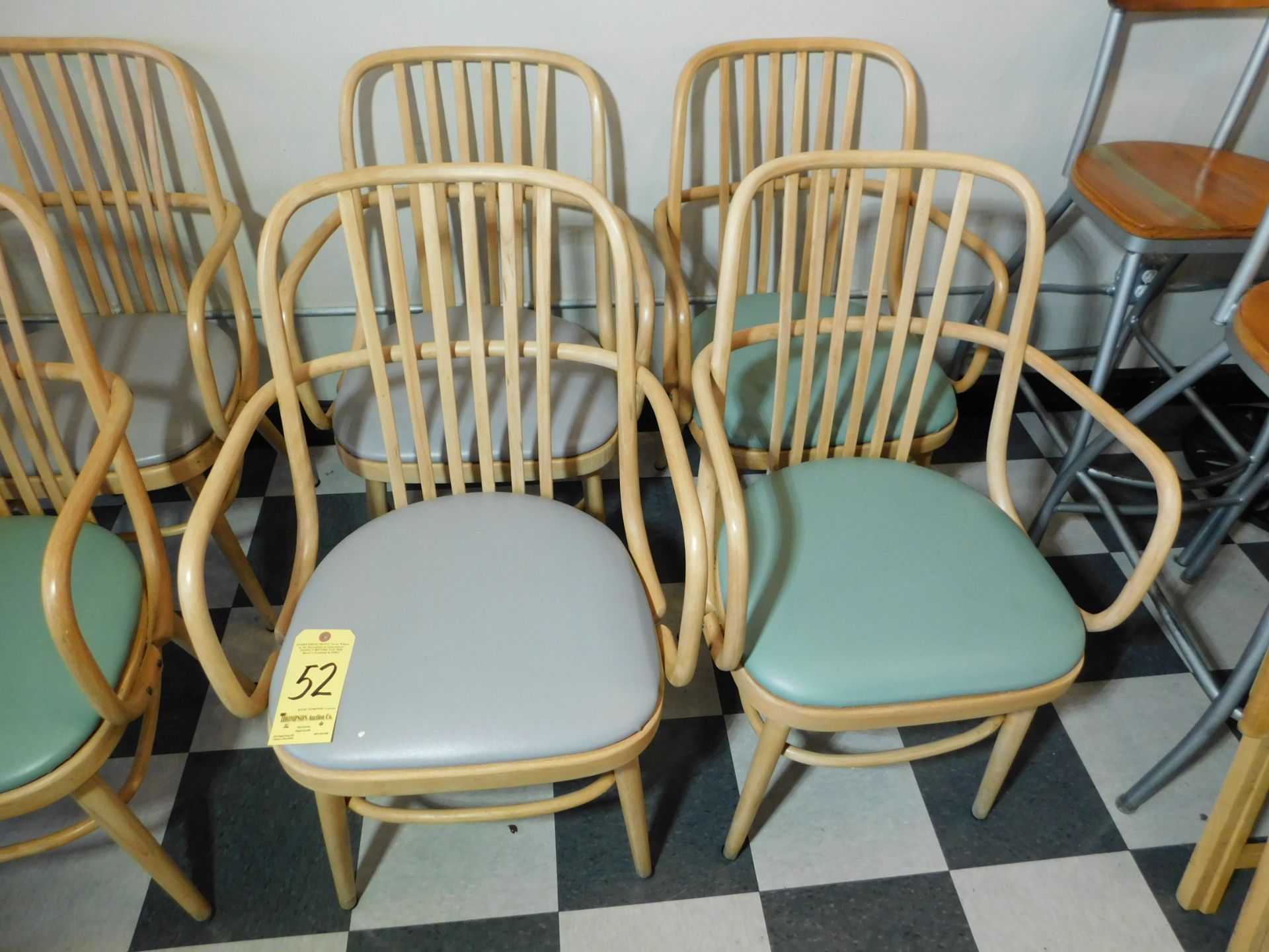 (4) Wooden Chairs with Vinyl Seats, (2) Teal Seats, (2) Gray Seats