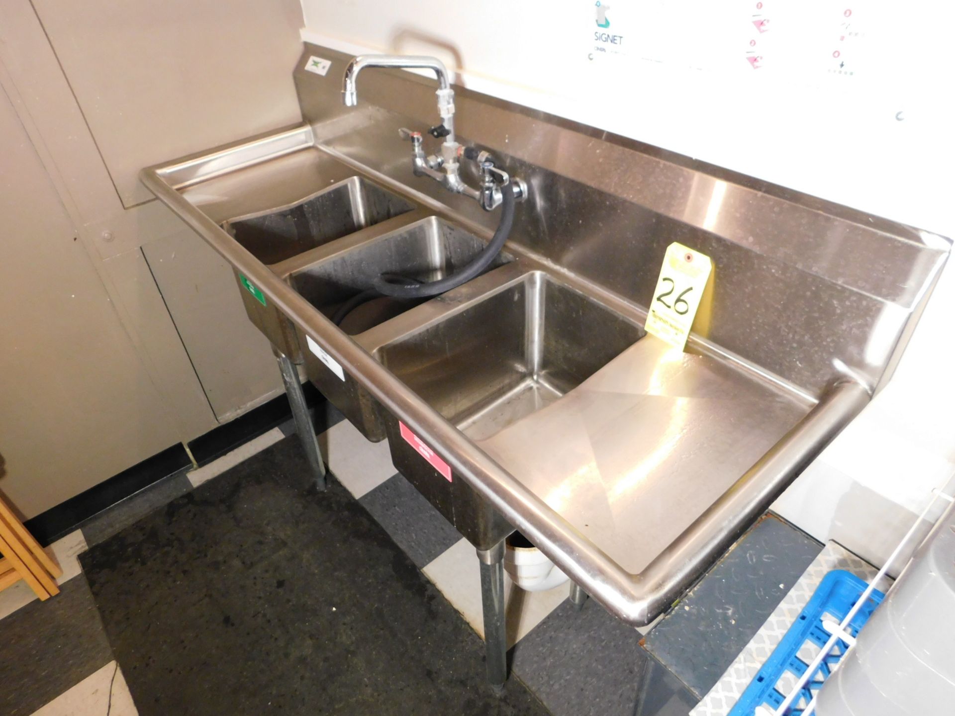 Three Bay Stainless Sink, 58" L x 20" W x 36" T, with Faucets and Hoses
