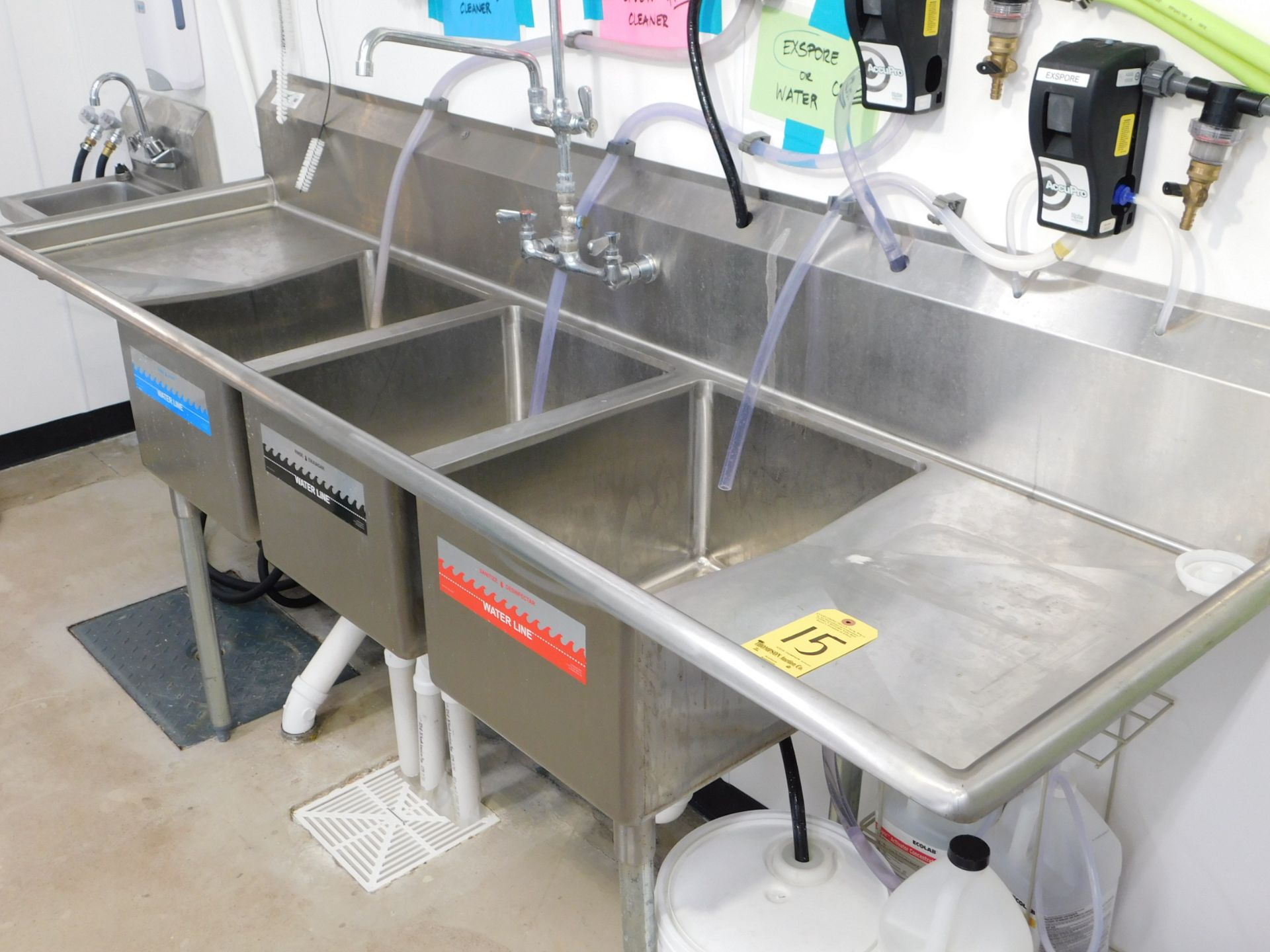 Three Bay Stainless Sink,, 80" Lx 26" W x 37" T, with Faucets and Hoses