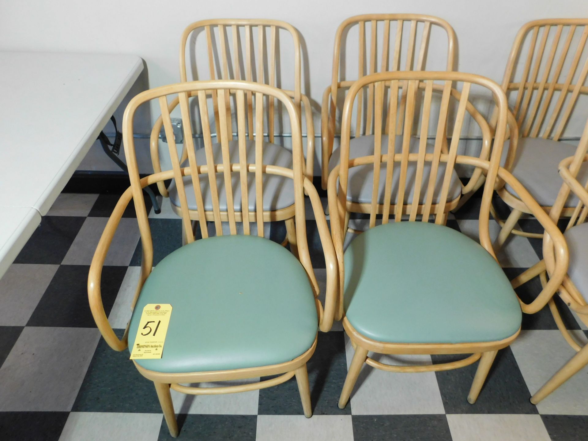 (4) Wooden Chairs with Vinyl Seats, (2) Blue Seats, (2) Gray Seats