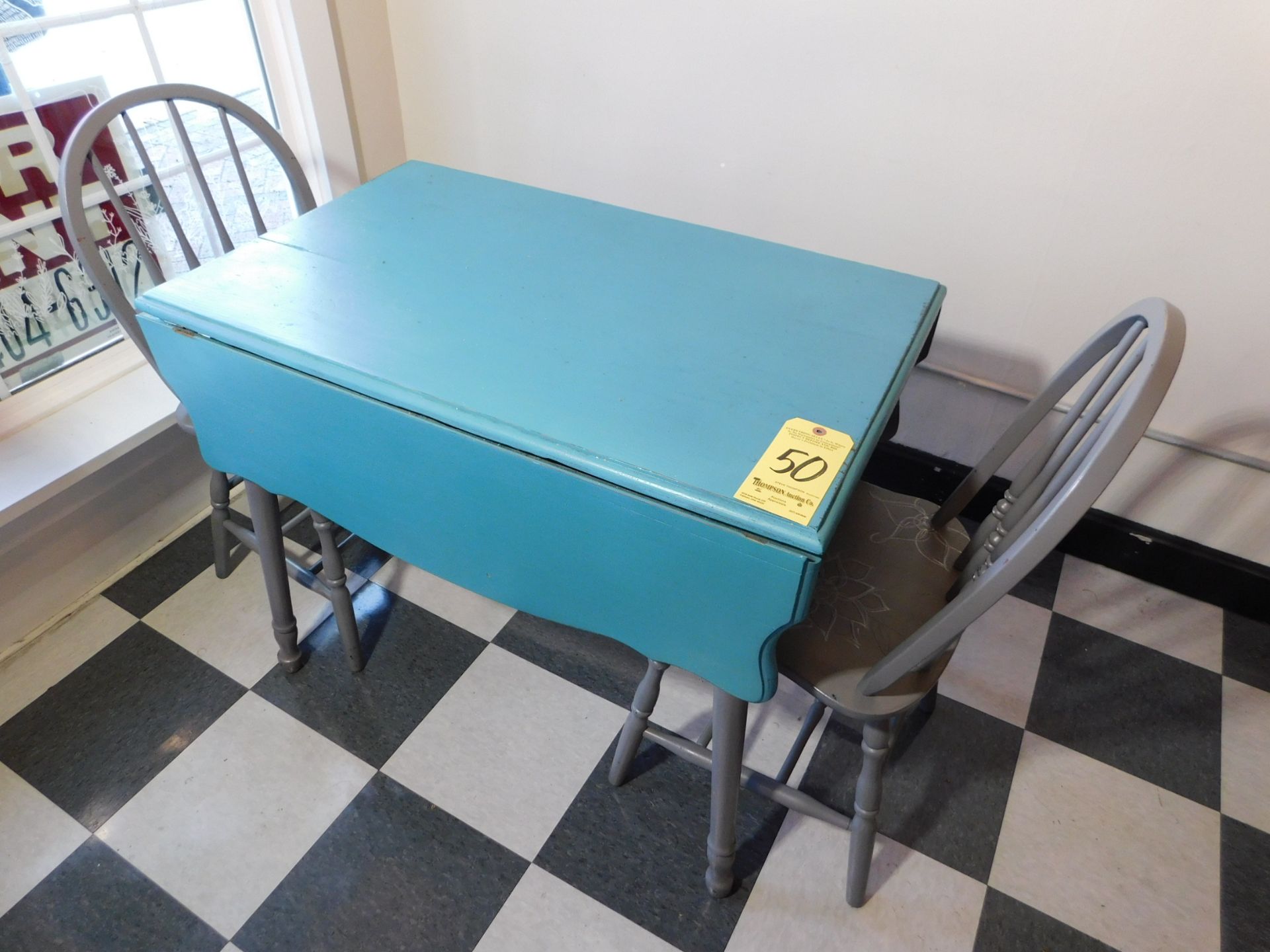 Wooden Teal Table with (2) Gray Wooden Chairs