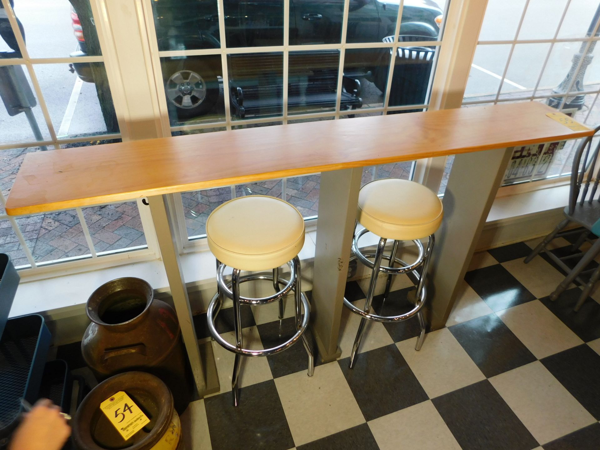 Wooden Tall Table with Bar Stools, 5' L x 1' W x 42" T