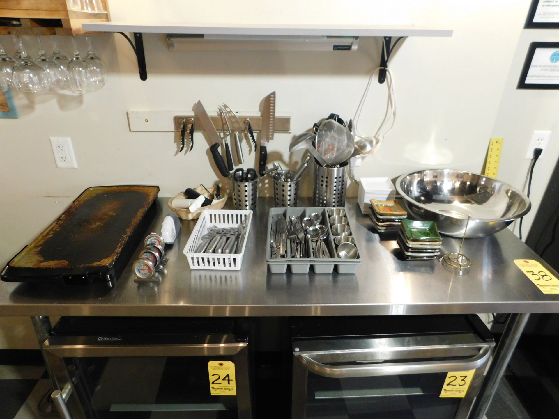 Miscellaneous Kitchen Utensils, Stainless Cheese Knives, Silverware, Dishes, Bowl, Warmer Tray