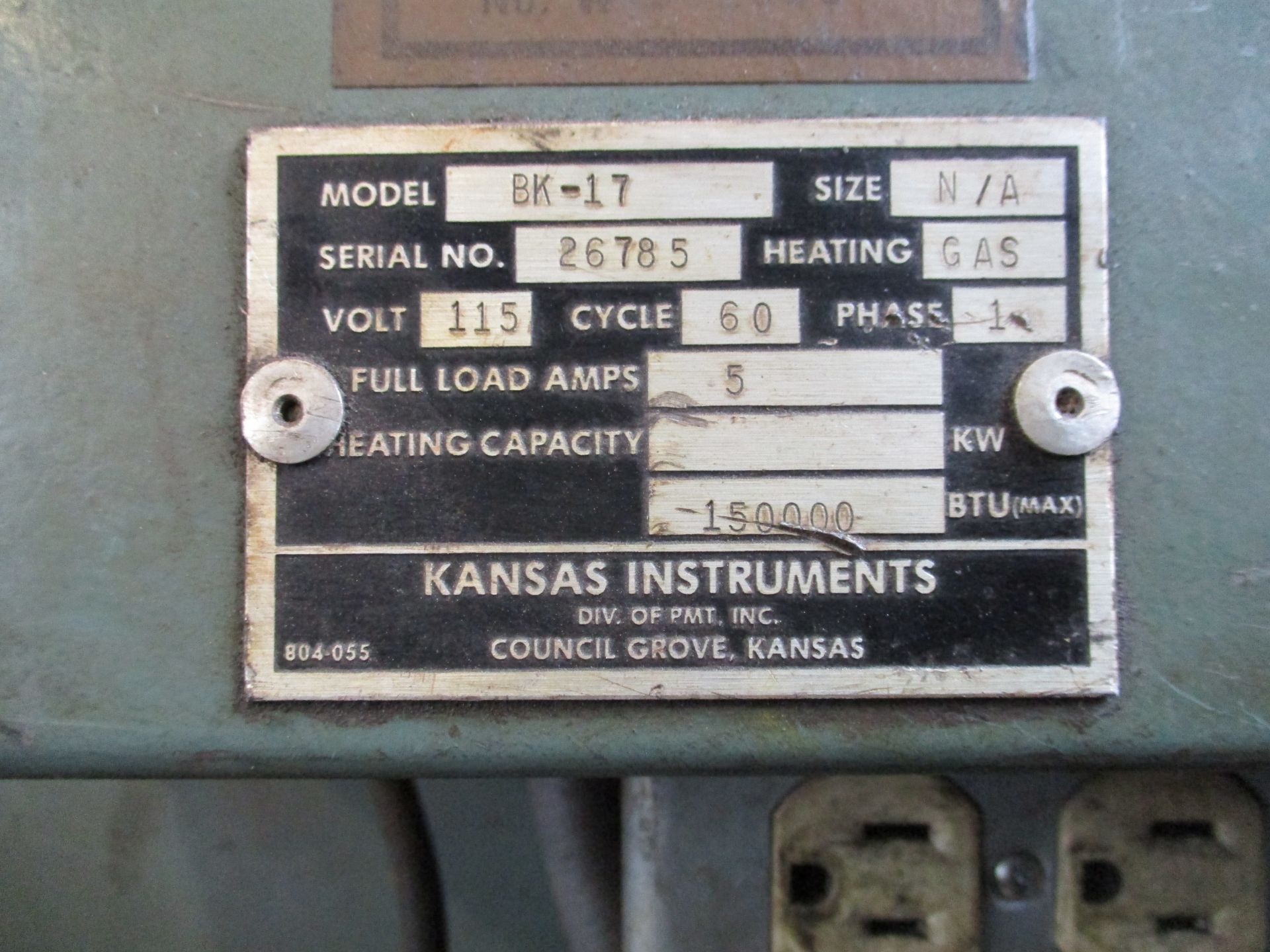 Kansas Instruments Model BK-17 Bake Oven, s/n 26785, Natural Gas ...