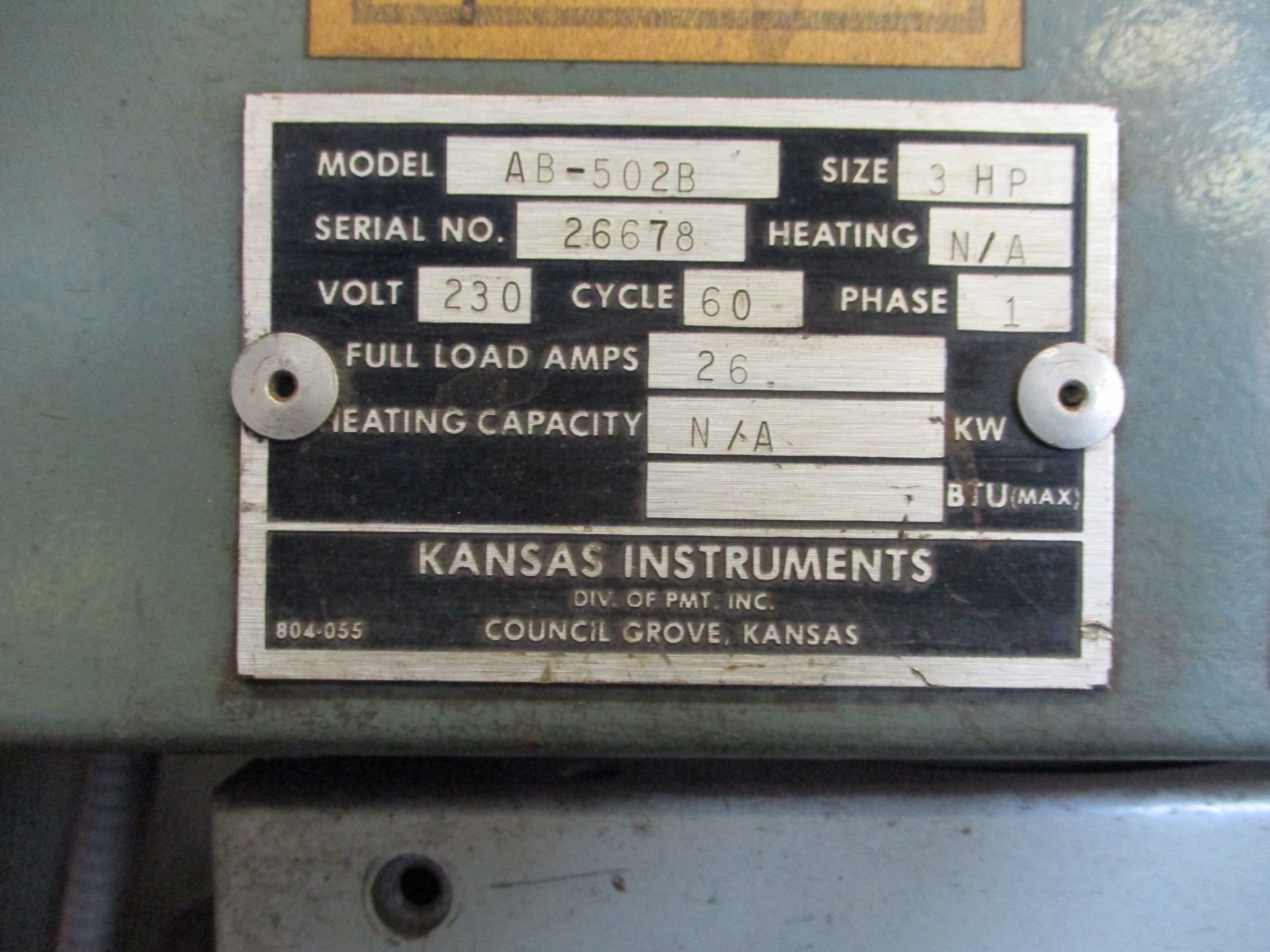 Kansas Instrument Model AB-502B Shot Blast Machine, SN 26678, with Dust Collector, 230V, 1 phase - Image 8 of 9