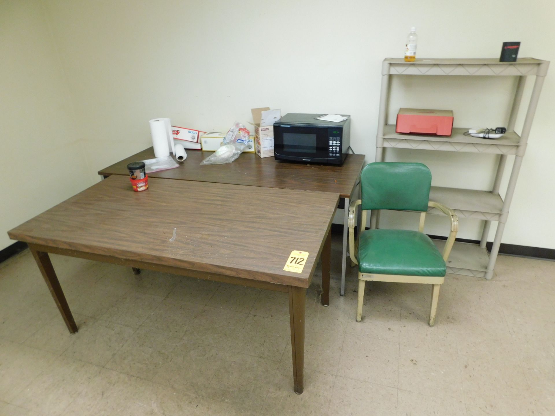 (2) Tables, Microwave, Chair, and Plastic Shelving