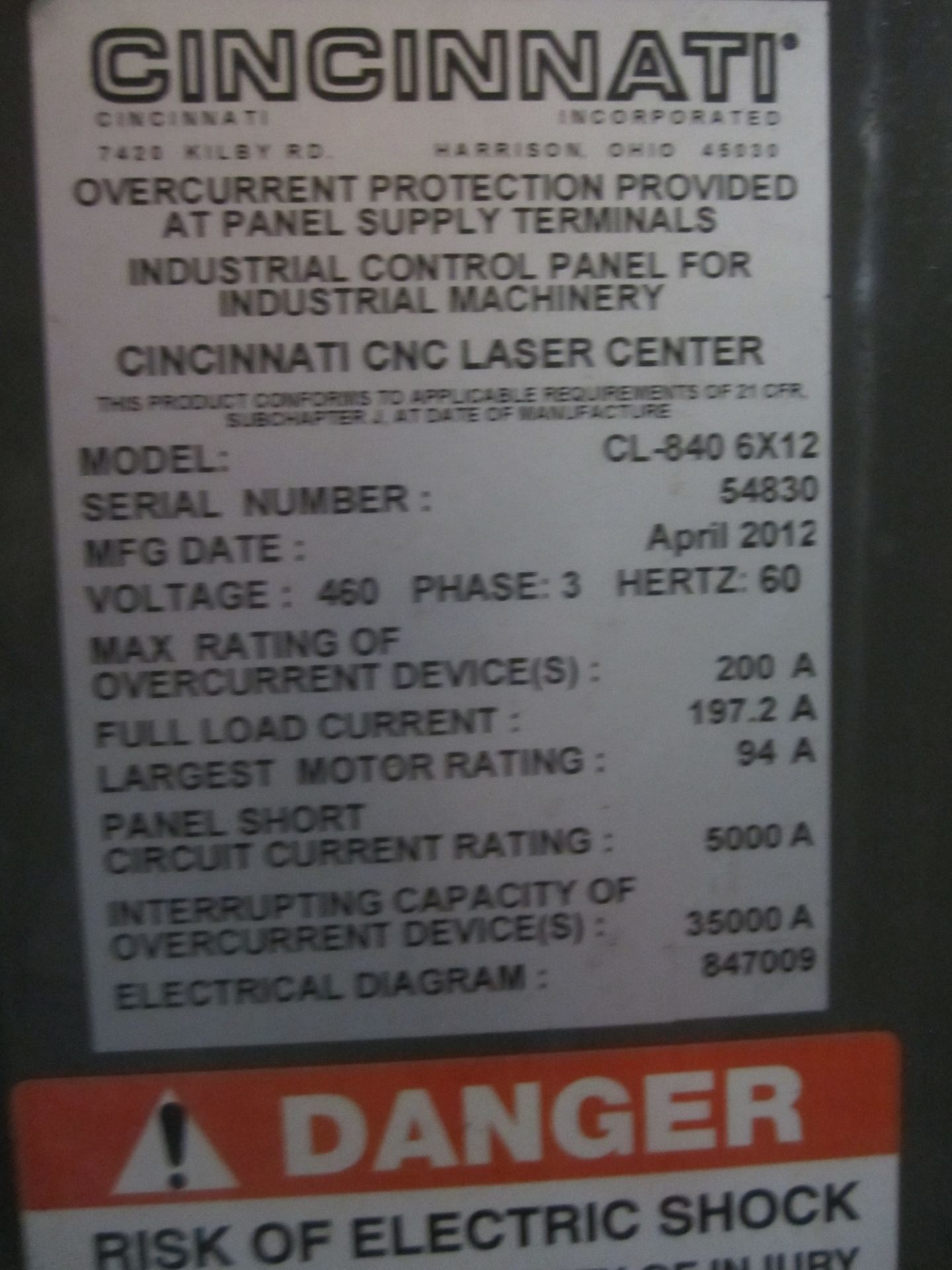 Cincinnati Model CL-840 CNC CO2 Laser, s/n 54830, 6' X 12', New 2012, 4,000 Watt, Max. Cutting - Image 23 of 23