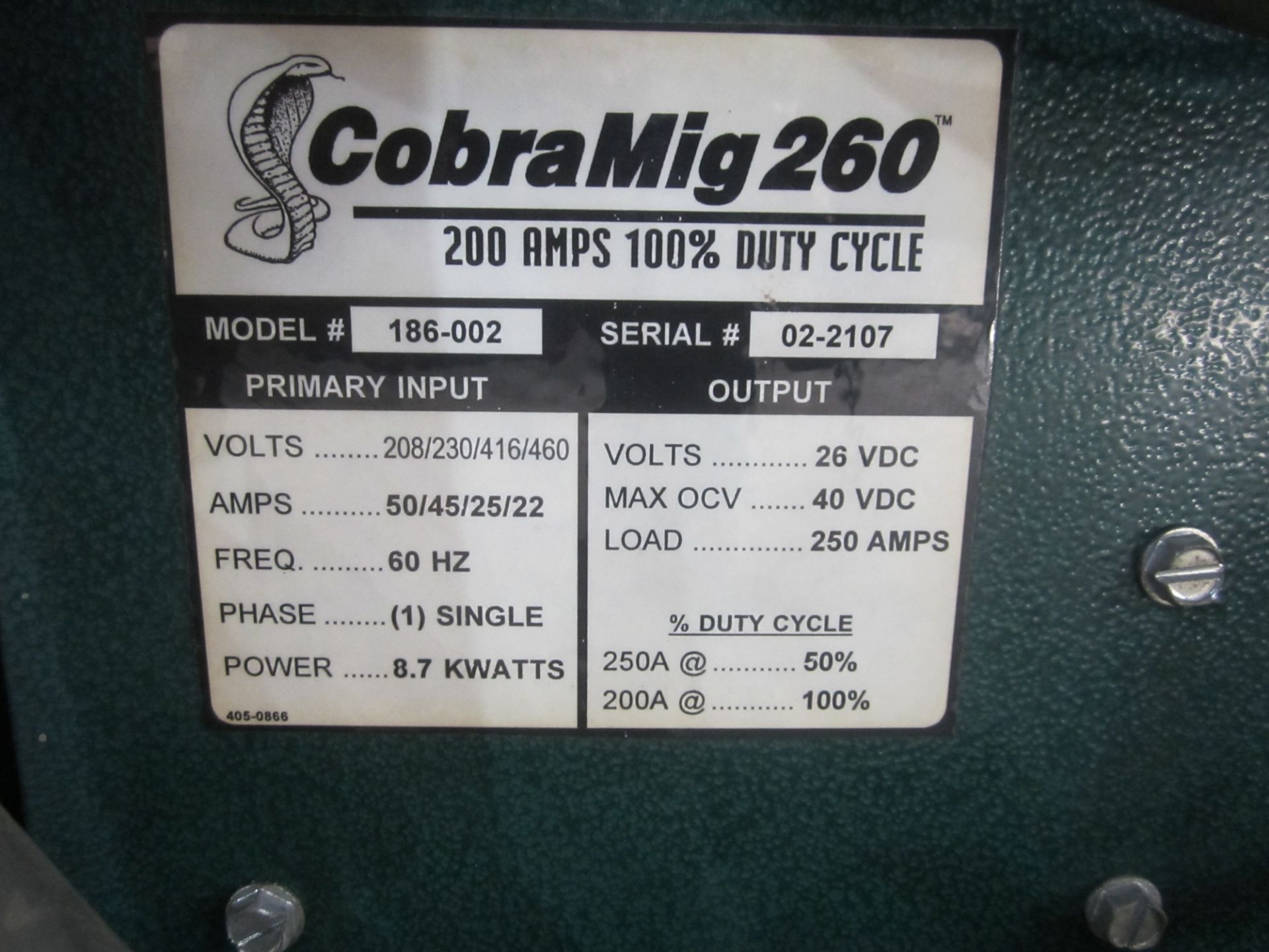 Cobra Mig 260 Mig Welder, s/n 02-2107, Single Phase - Image 6 of 6