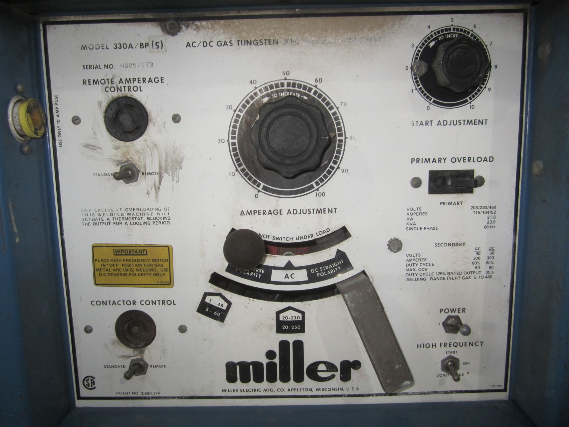 Miller 330A/BP Tig Welder, s/n HG057273 - Image 5 of 8