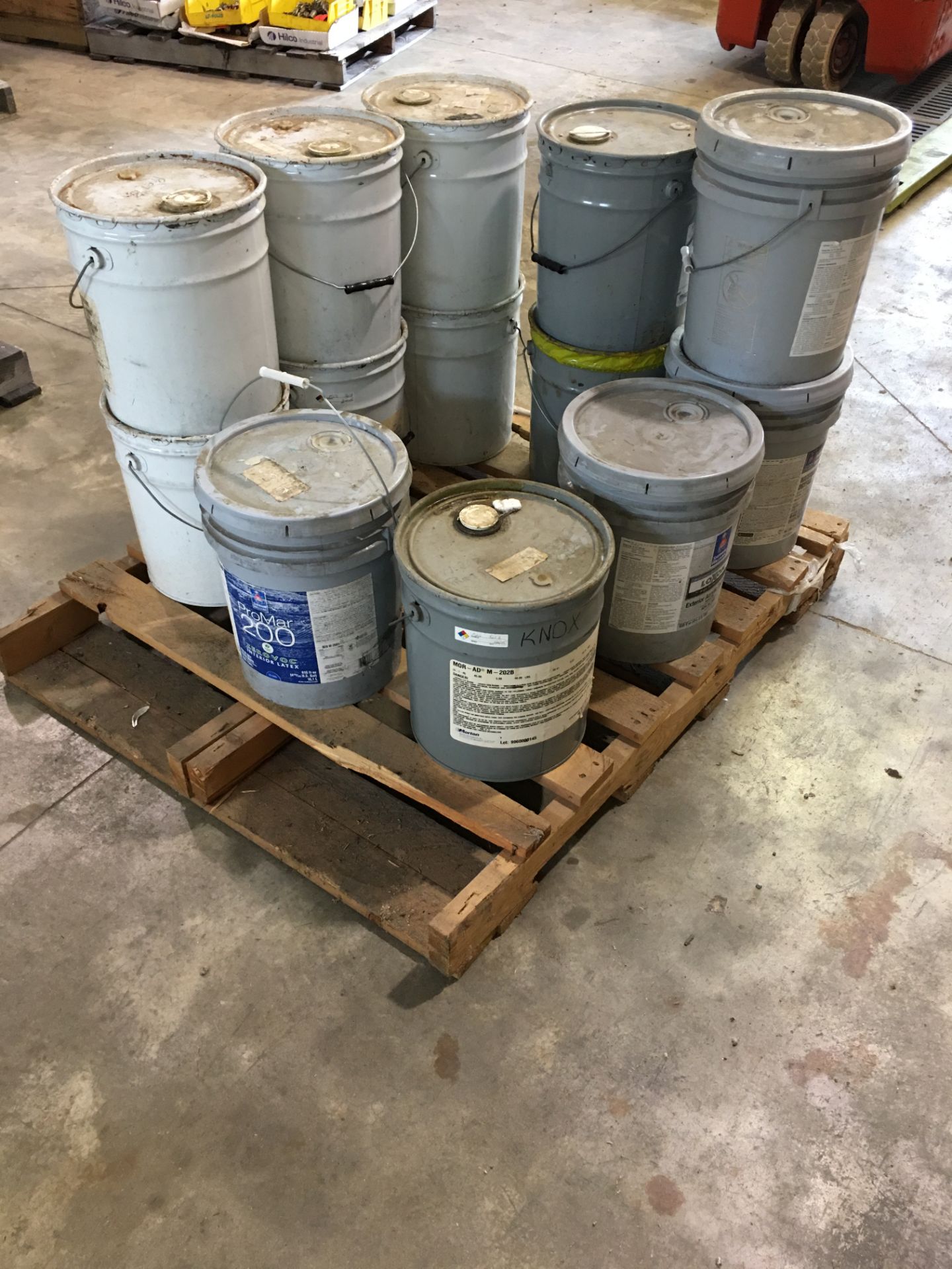 Pallet of Pails containing Floor Primer, Acrylic Base, Laminating Adhesive And Steamline Treatment