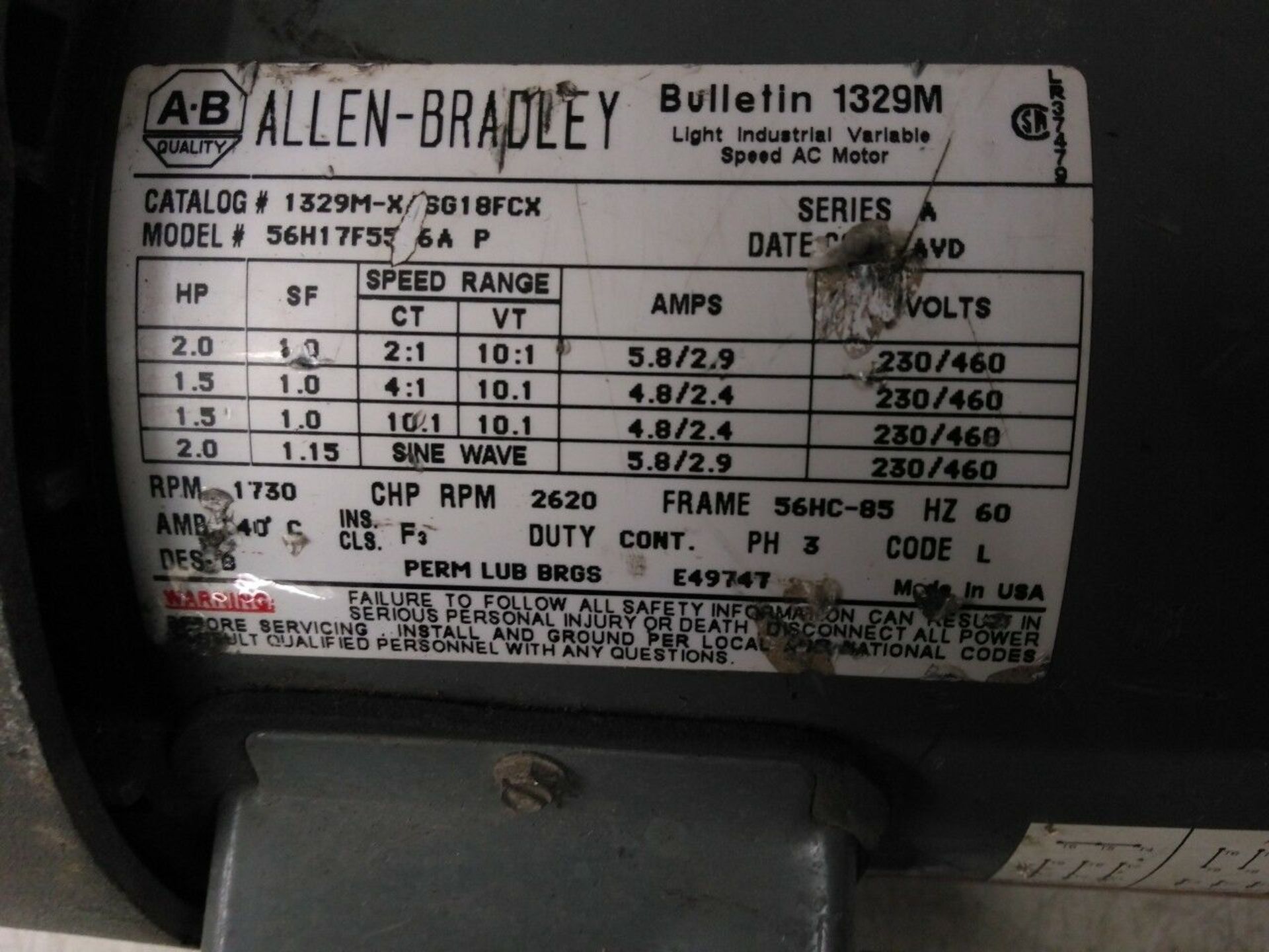 Allen Bradley Bulletin 1329M 2 HP motor with Stears Brake kit - Image 5 of 6