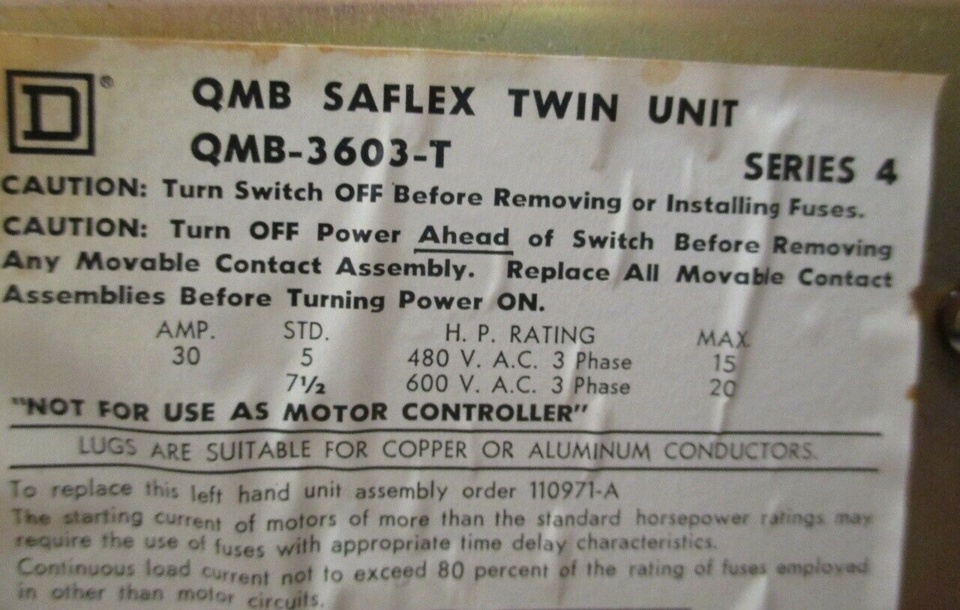 Square D QMB3603T Twin 30 Amp 600 Volt 3 Phase Panelboard Switch - Image 4 of 6