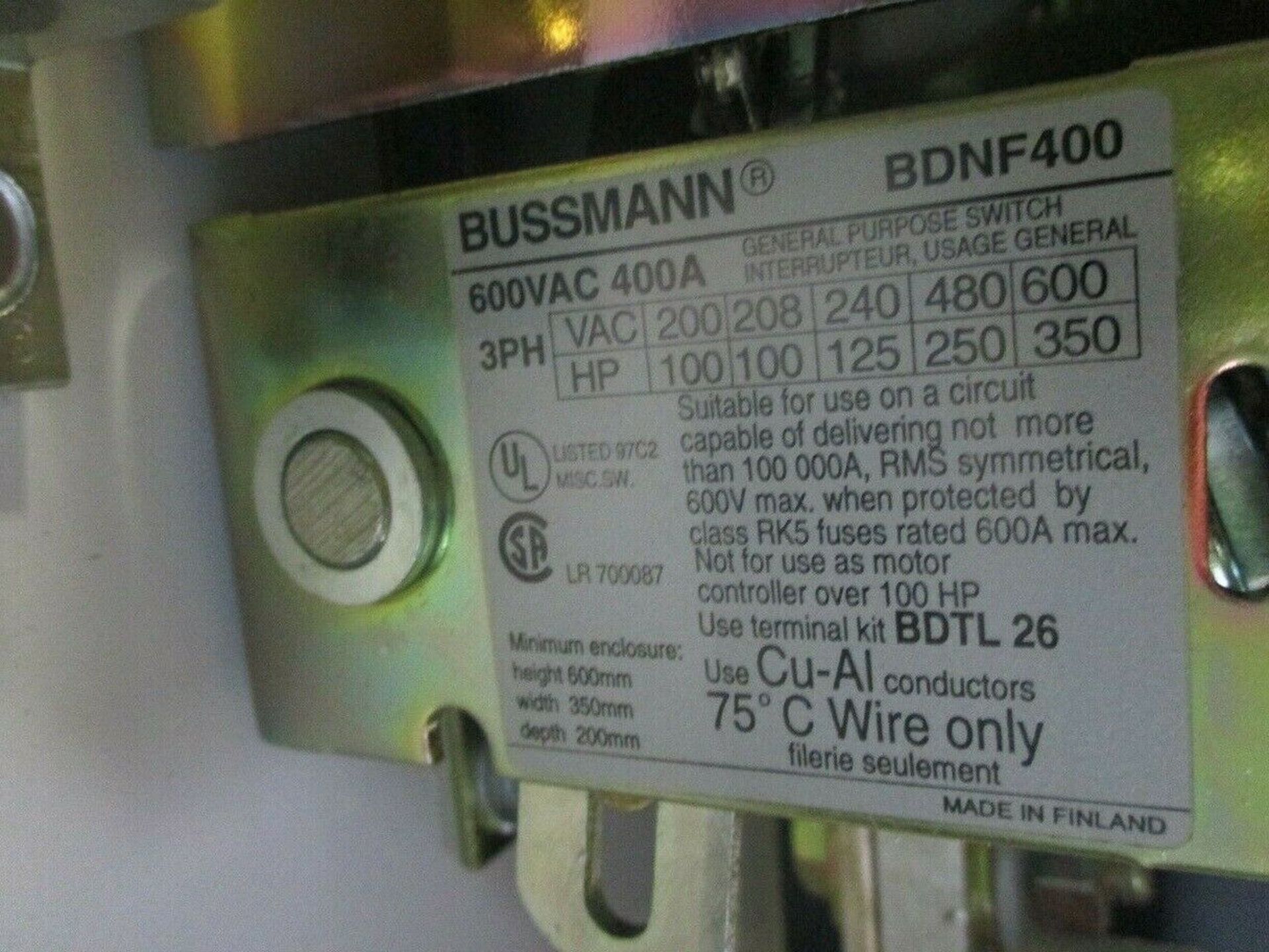 Bussmann Safety Switch ENF4003-3PB411 400 Amp 600V Disconnect 3R Cabinet, New Old Stock - Image 6 of 6