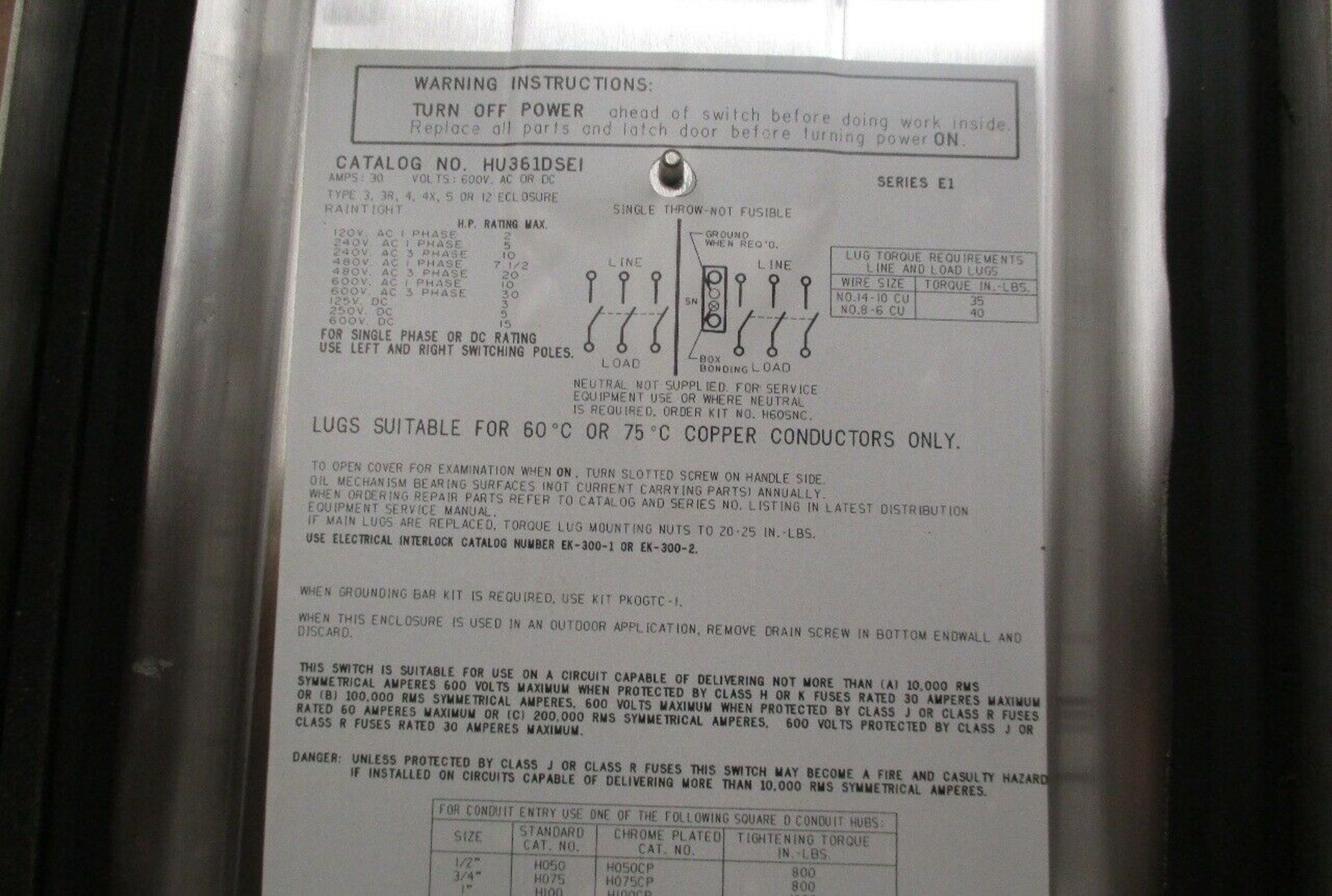 Square D HU361DSEI Heavy Duty Safety Switch 30 Amp 600VAC STAINLESS STEEL Series E1 - Image 3 of 3