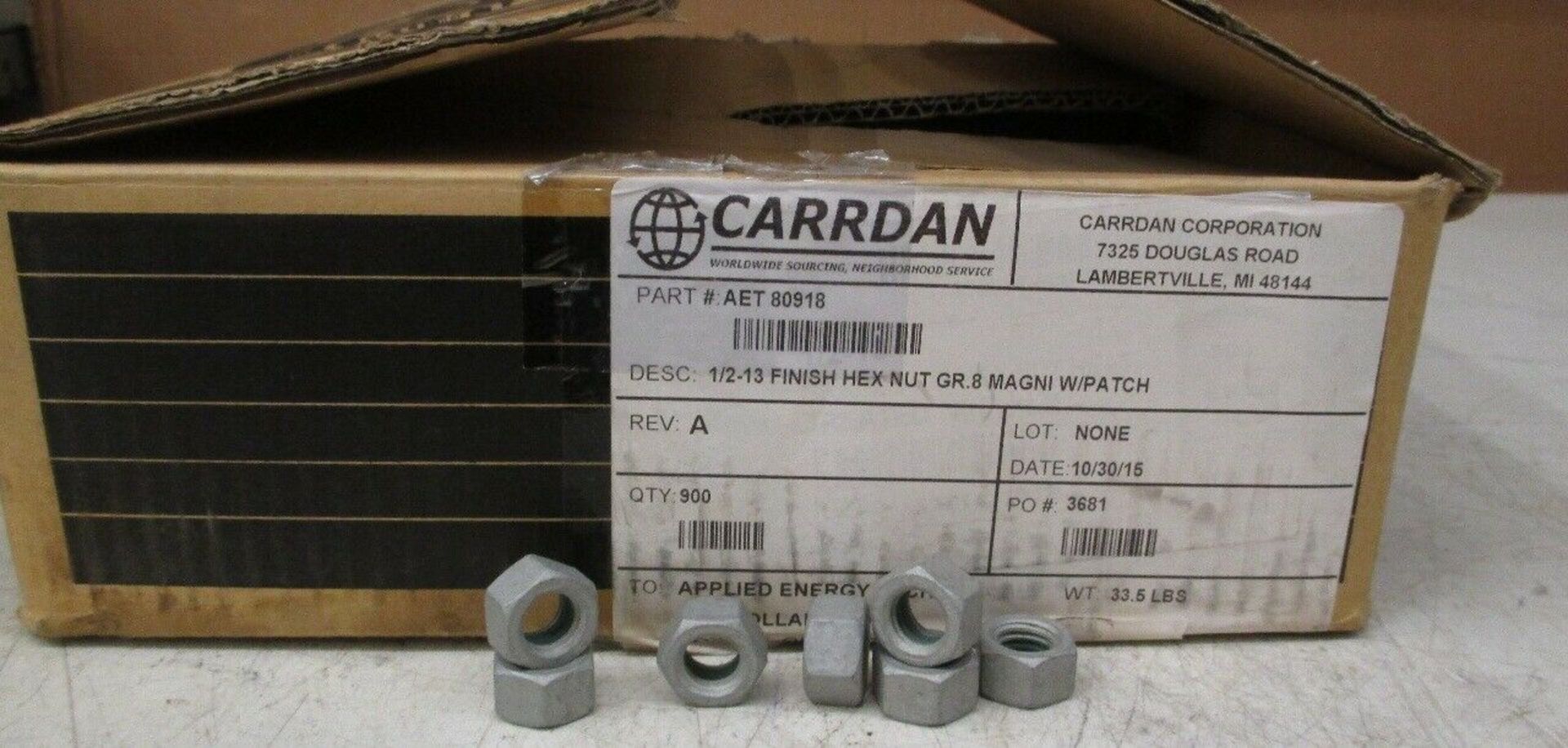 Carrdan Corporation 1/2-13 Finish Hex Nut Grade 8 Magni W/Patch *Box of 900* - Image 2 of 2