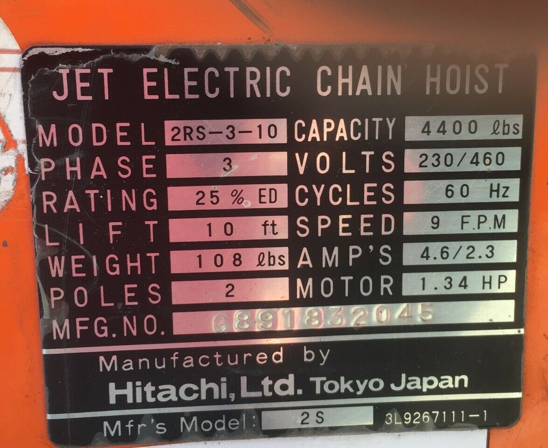 Jet Electric Chain Hoist 2 Ton 2RS-3-10/10 ft lift W/ 2 Ton CM Railstar Power Trolley - Image 2 of 6