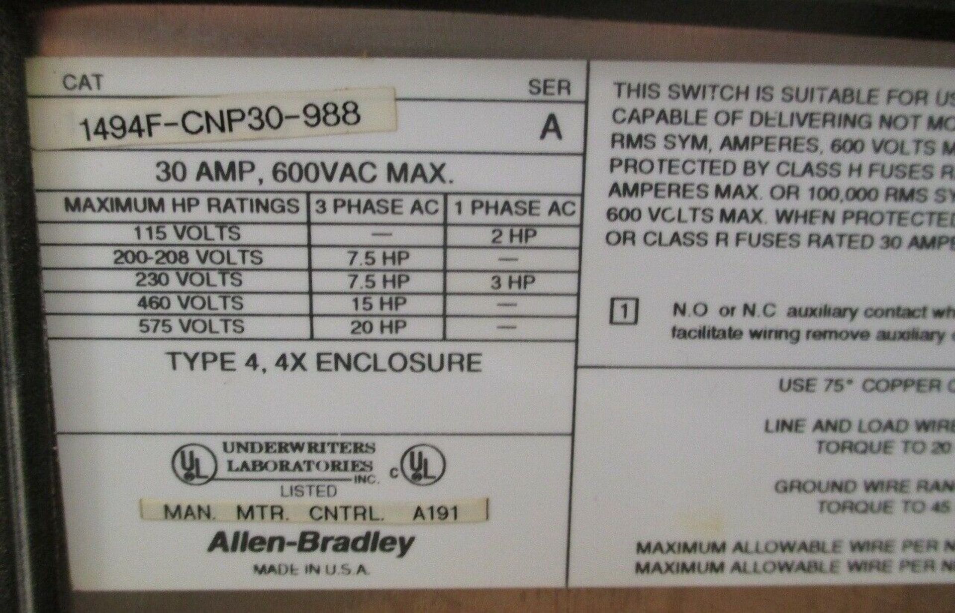 Allen Bradley 30 Amp Disconnect 1494F-CNP30-988 600 Volts Series A Type 4 4X Stainless Steel - Image 3 of 3