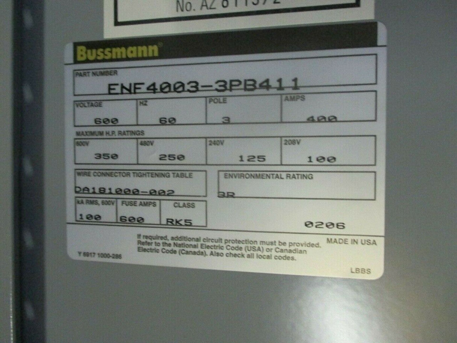 Bussmann Safety Switch ENF4003-3PB411 400 Amp 600V Disconnect 3R Cabinet, New Old Stock - Image 5 of 6