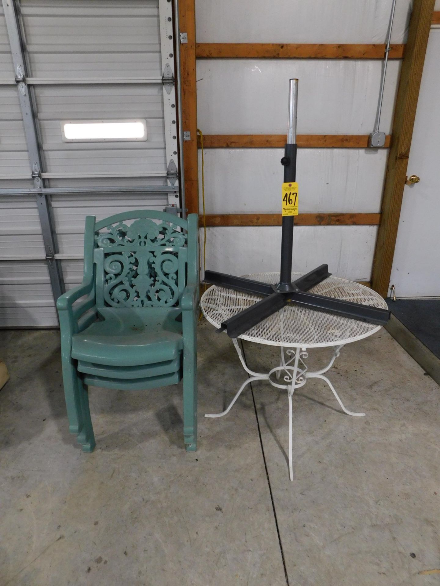 Wrought Iron Table & Plastic Chairs