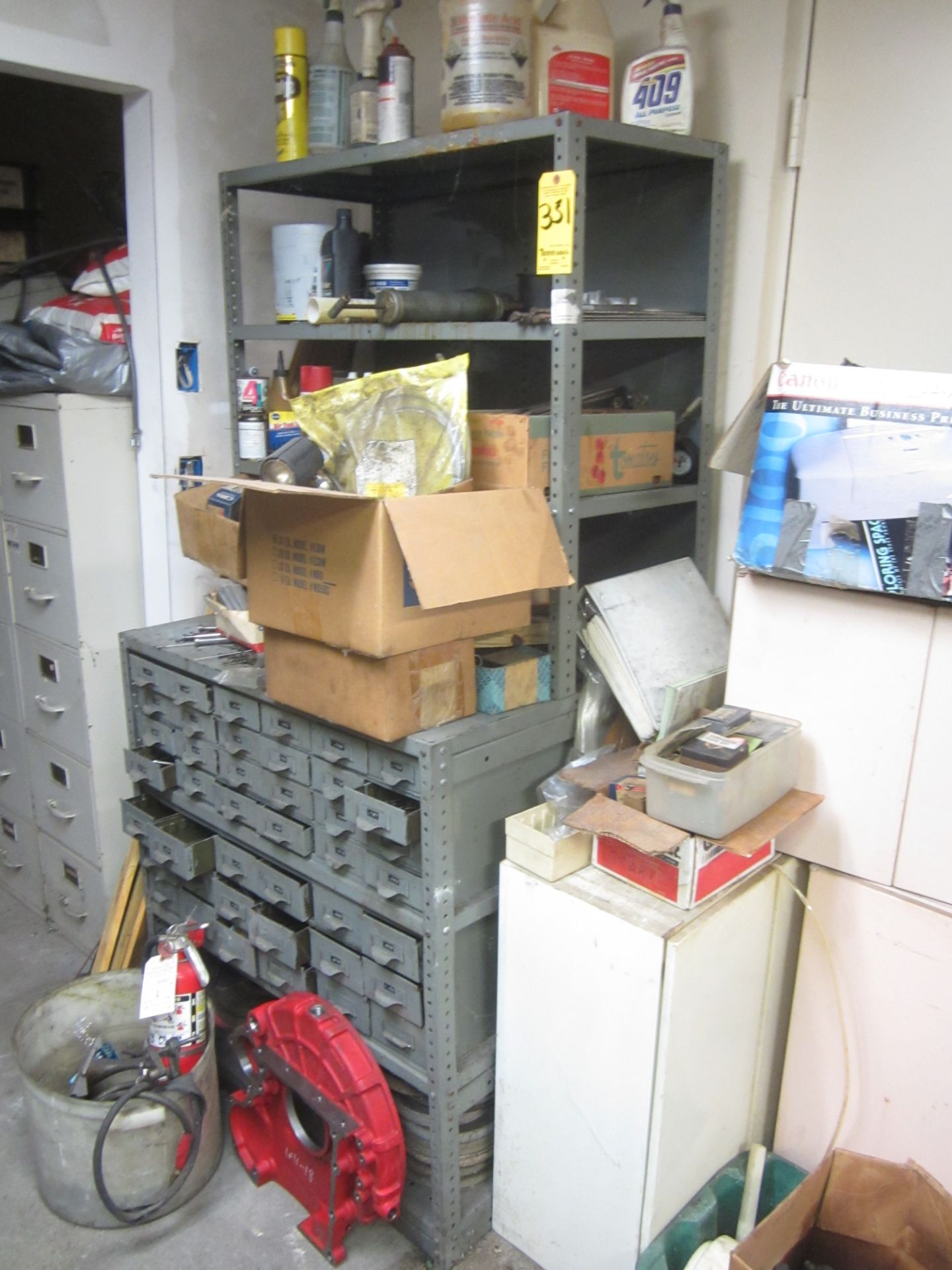 Metal Shelving Unit and Parts Cabinet and Contents