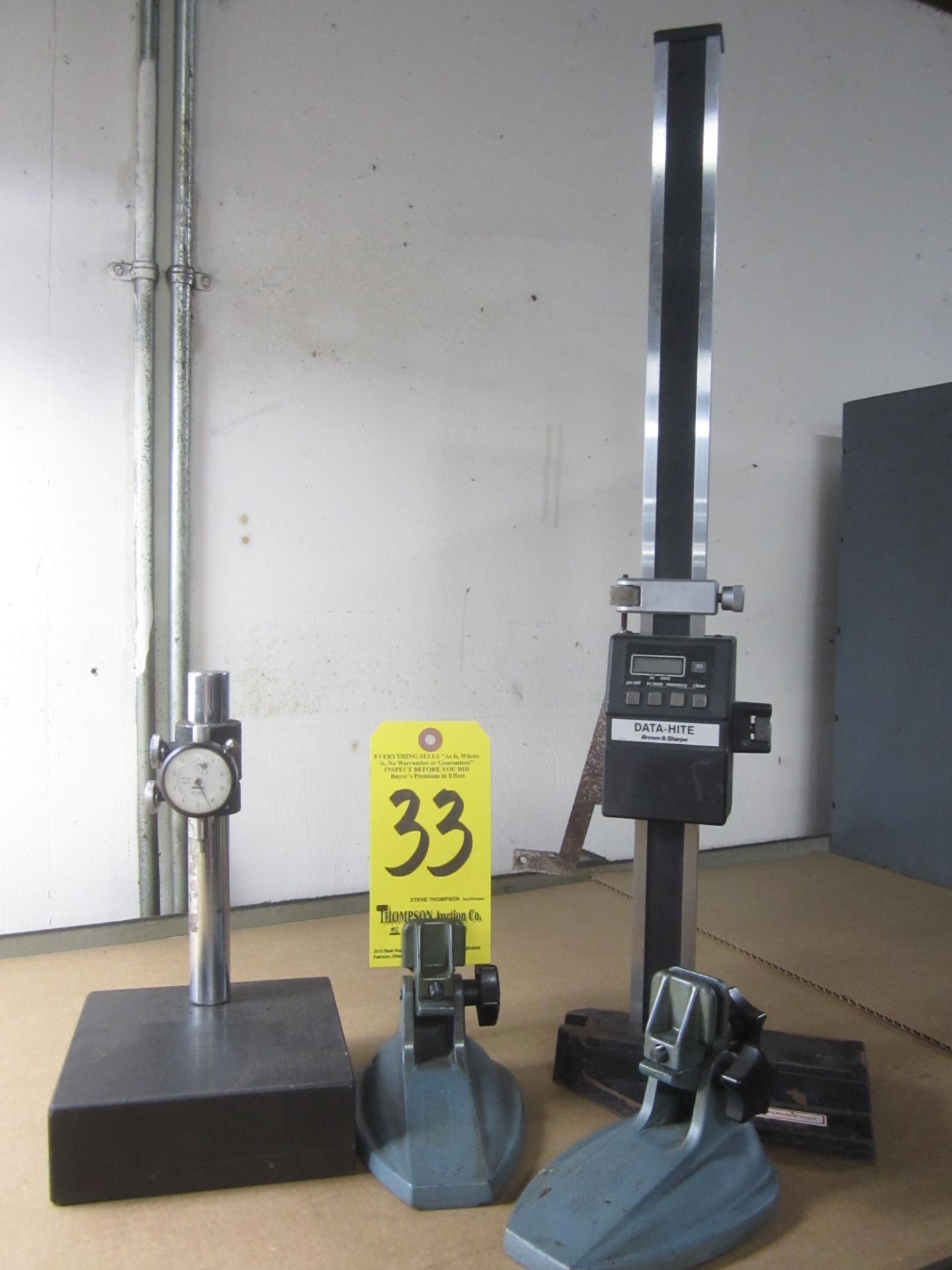 Brown & Sharpe Data-Hite 18" Digital Height Gage, Granite Base Indicator Stand, and (2) Micrometer