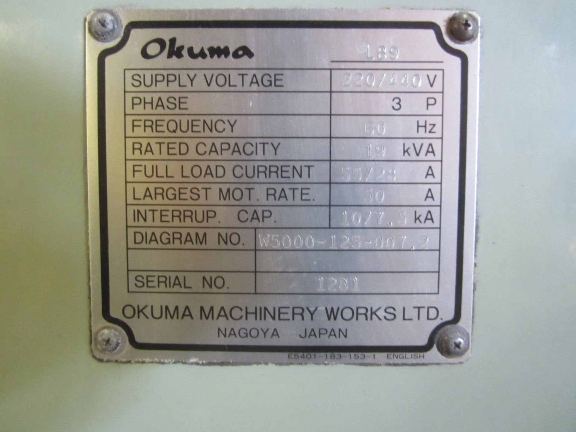 Okuma Model LB-9 CNC Turning Center, s/n 1281, 2-Axis, OSP-5000L-G CNC Control, Master Collet - Image 12 of 13
