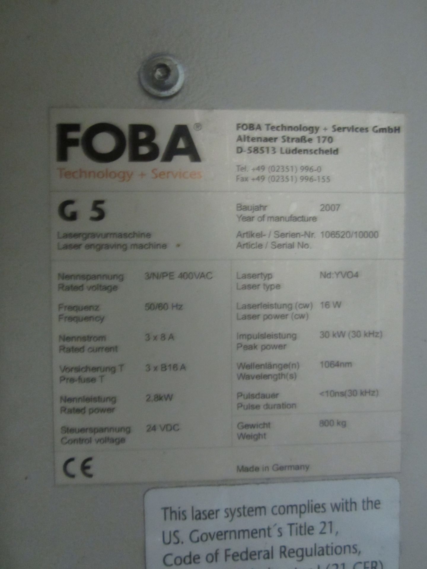 Foba Model G5 CNC Laser Parts Marker, s/n 106520/10000, New 2007, 4th Axis Indexer, 4.72" X 4.72" - Image 13 of 13