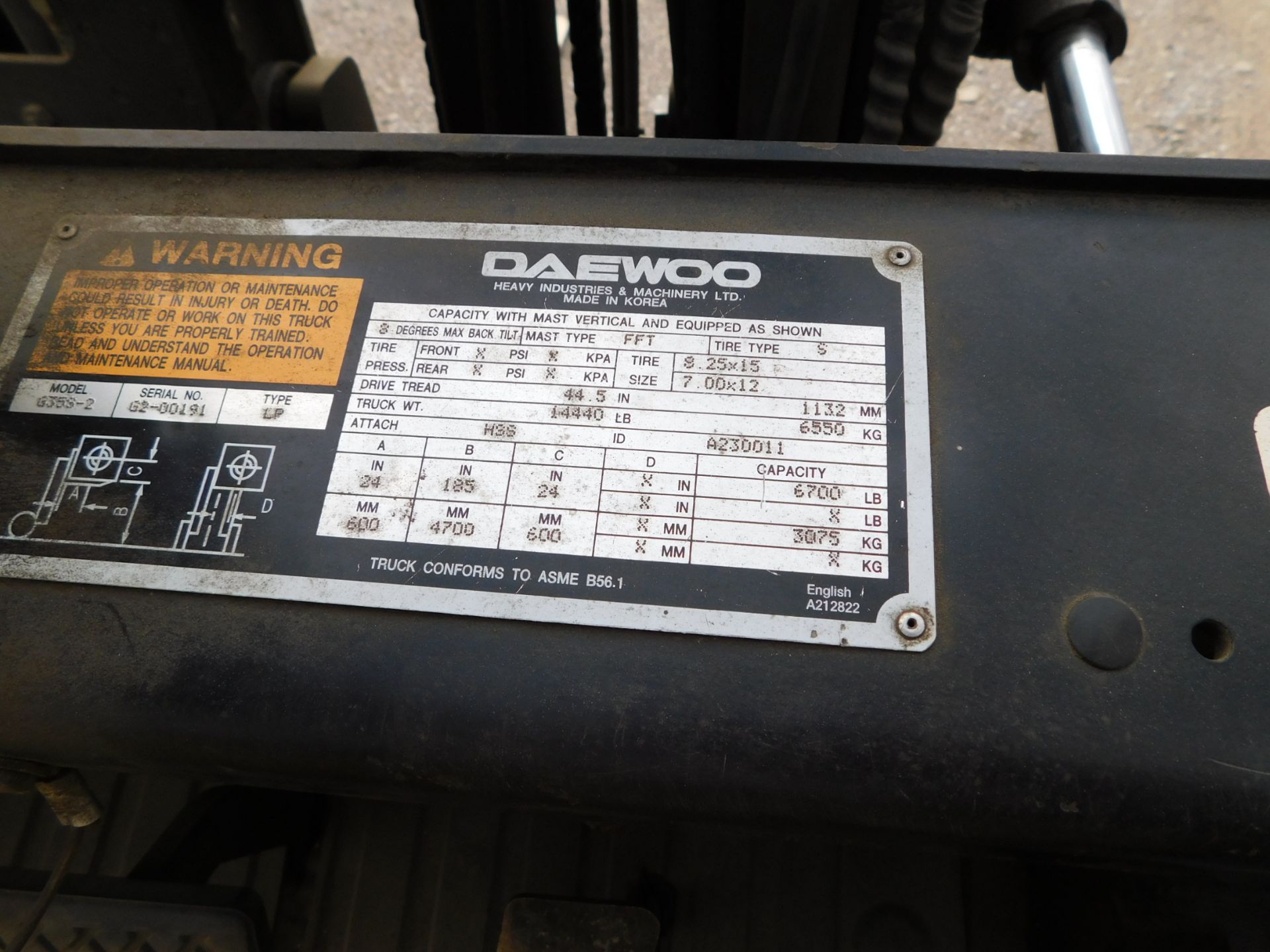 Daewoo Model G35S-2 Forklift, SN G2-00191, 6,700 lb. cap., LP, Solid Pneumatic Non-Marking Tires, - Image 20 of 20