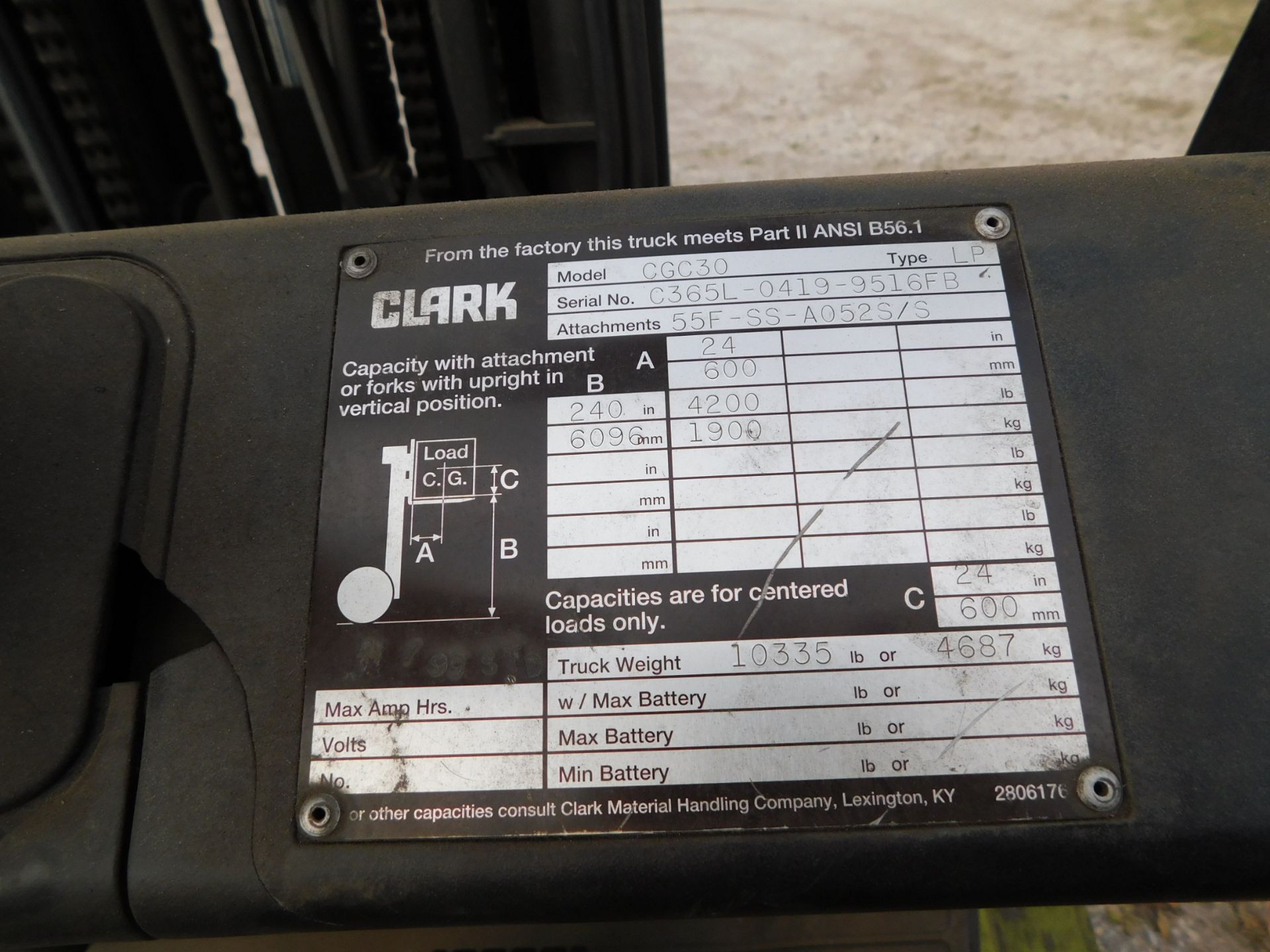 Clark Model CGC30 Forklift, SN C365L-0419-9516FB, 4,200 lb. cap., LP, Hard Tire, 3-Stage Mast, - Image 21 of 21