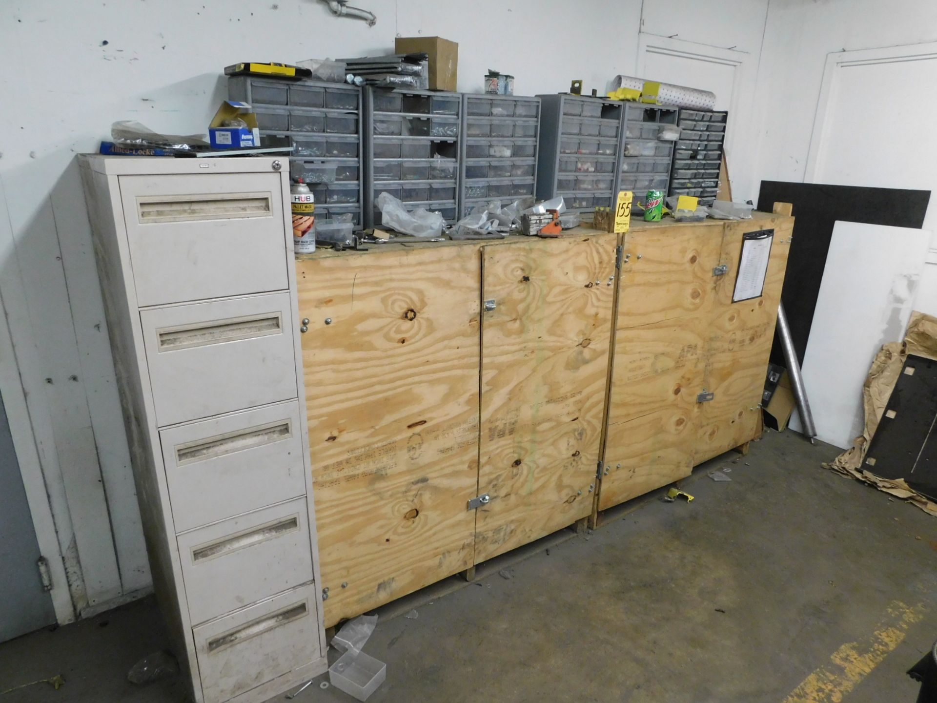 Wooden Cabinets and Contents and Five Drawer File Cabinet