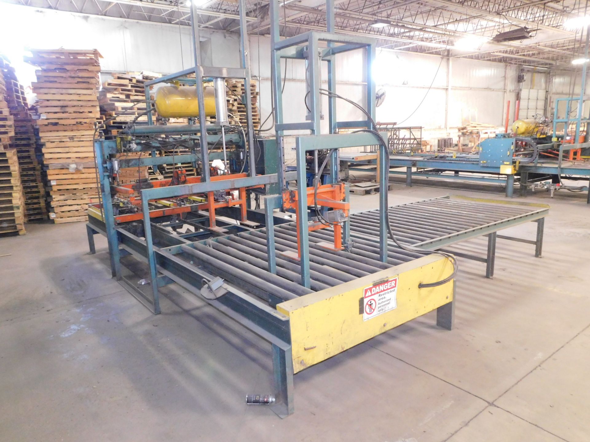 Rayco Edge Automatic Pallet Nailer, 64" x 10' Infeed Roller Conveyor, 6' x7' Stacking Area, Auto