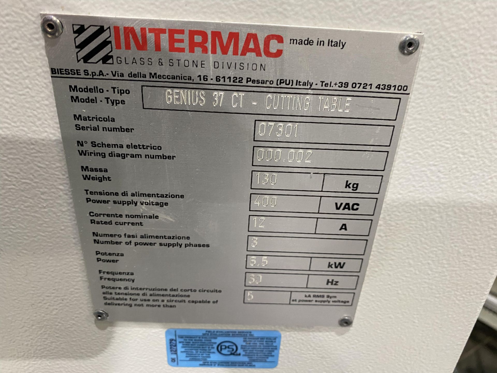 2010 INTERMAC GENIUS 37 CT GLASS CUTTING TABLE; 10' X 16'L, S/N 07301, 400V, ORIGINAL COST $80,000 - Image 4 of 5