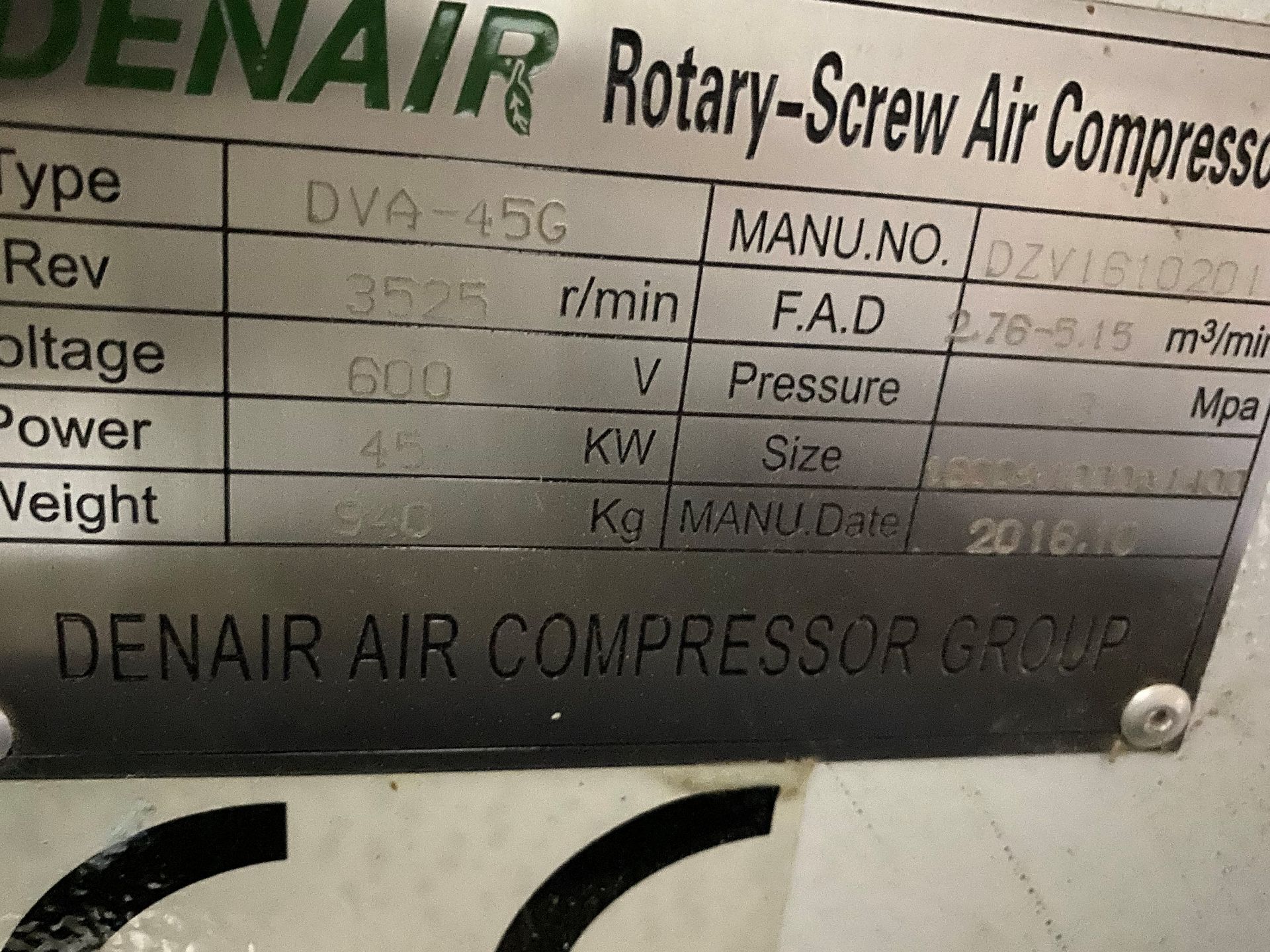 2016 DENAIR 60HP ROTARY SCREW AIR COMPRESSOR, MODEL DVA-45G; 600V; VARIABLE SPEED - Image 5 of 5