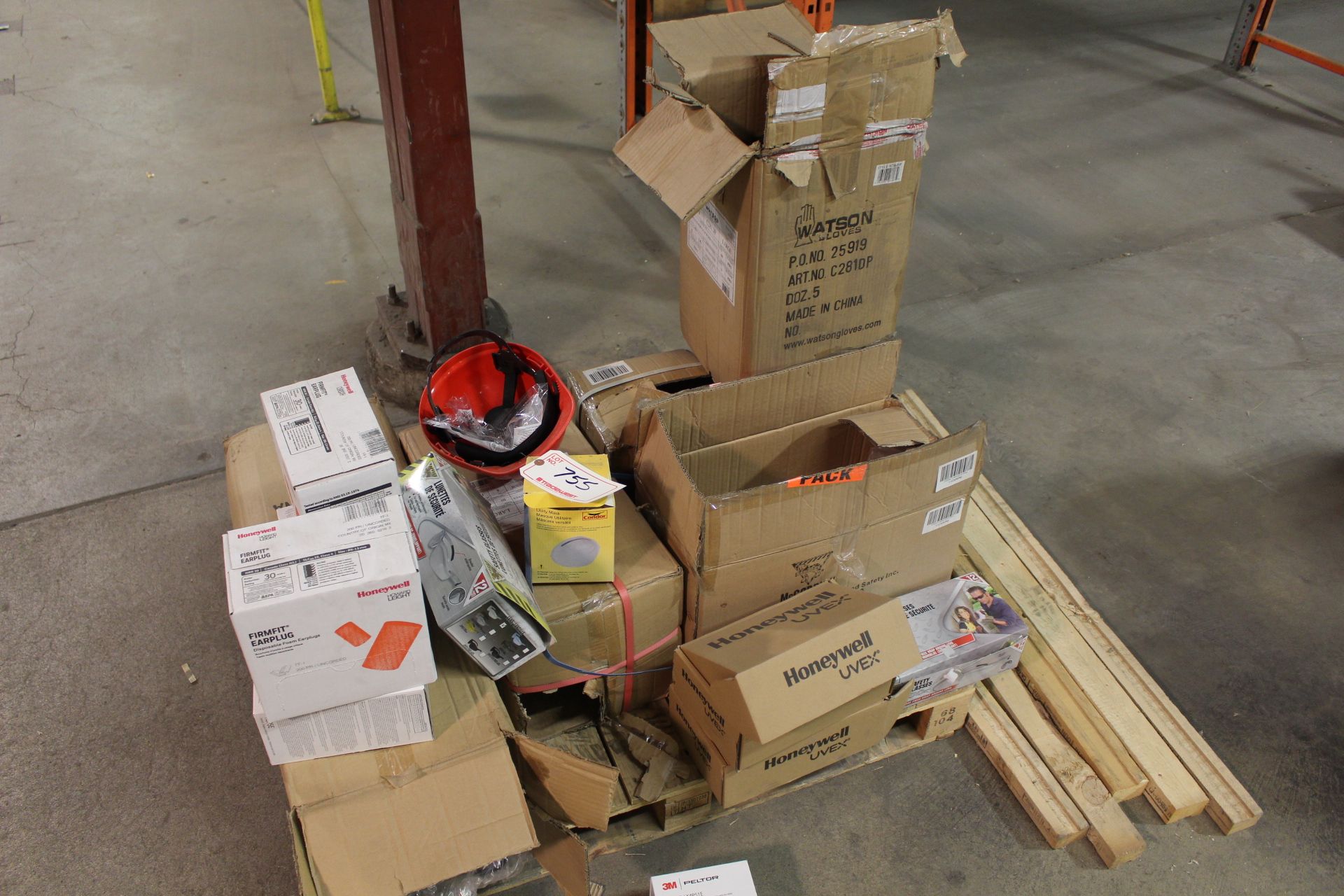 PALLET OF SAFETY SUPPLIES, GLOVES, EYE PROTECTION, EAR PROTECTION, ETC.