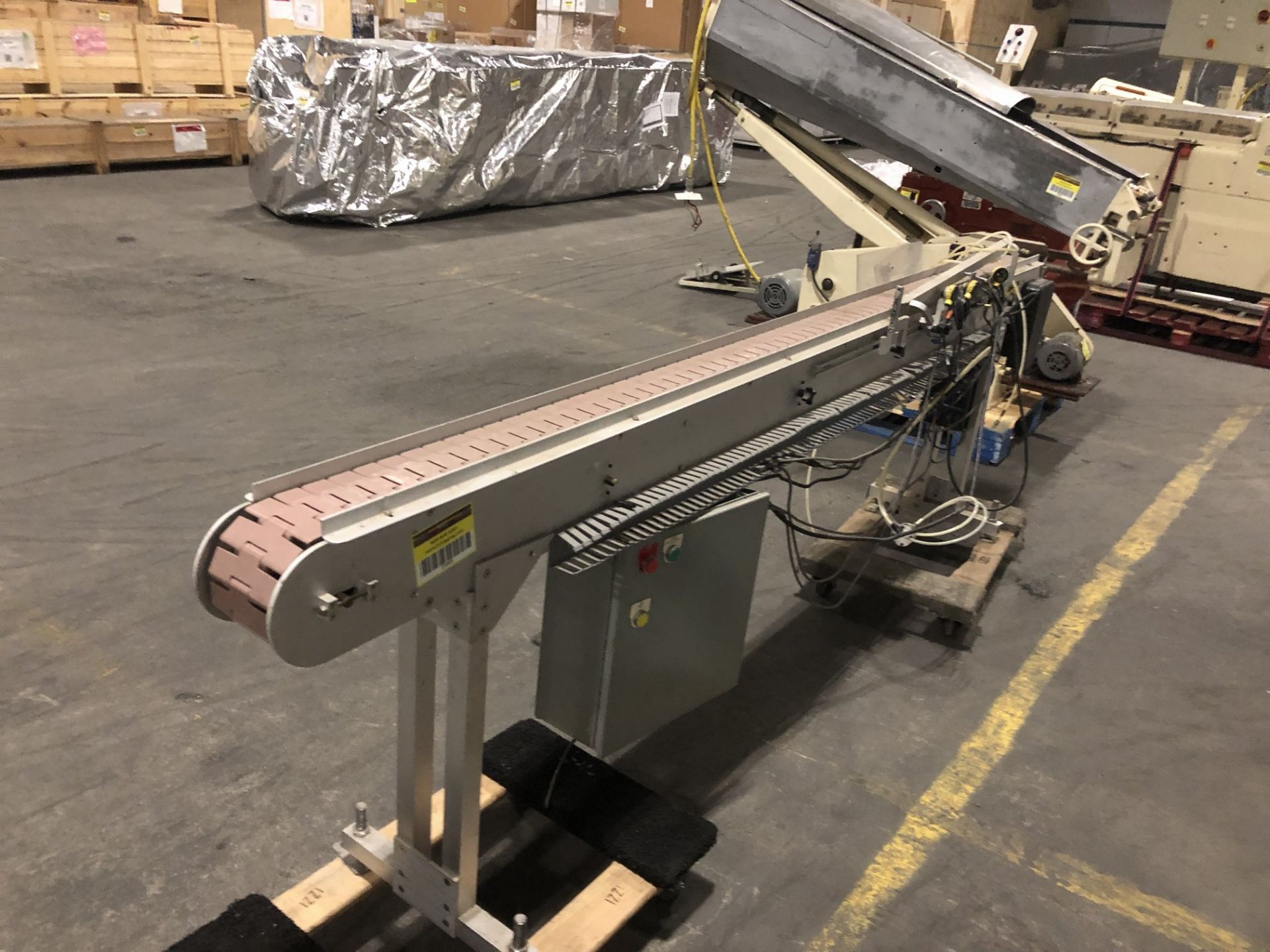 Conveyor belt 4.5” wide x 9-ft long with plastic flat top chain conveyor with 31” tall legs with