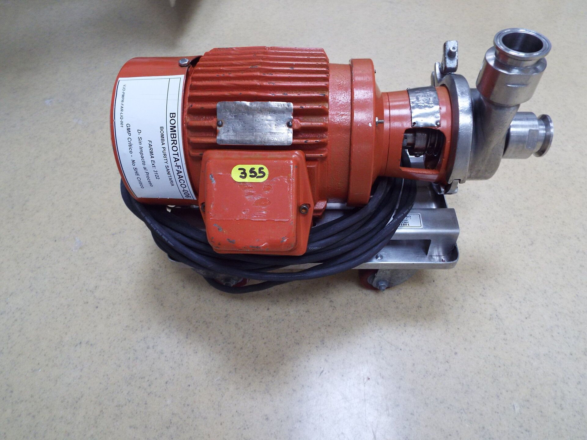 1 HP stainless steel centrifgual pump with 4" diameter impeller stainless steel base on casters