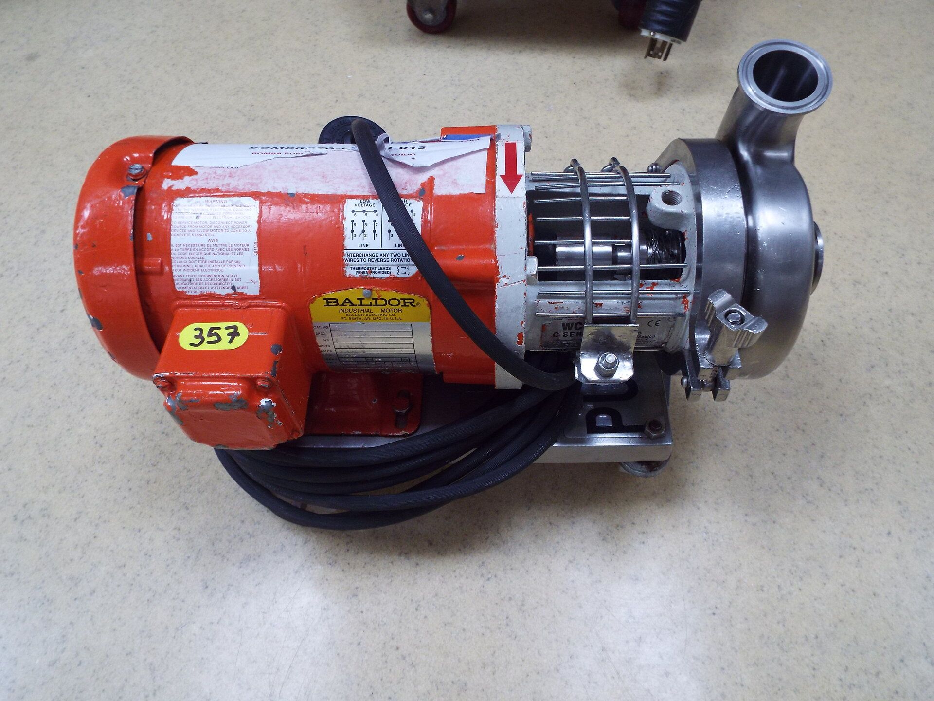 1 HP stainless steel centrifgual pump with 6" diameter impeller stainless steel base on casters