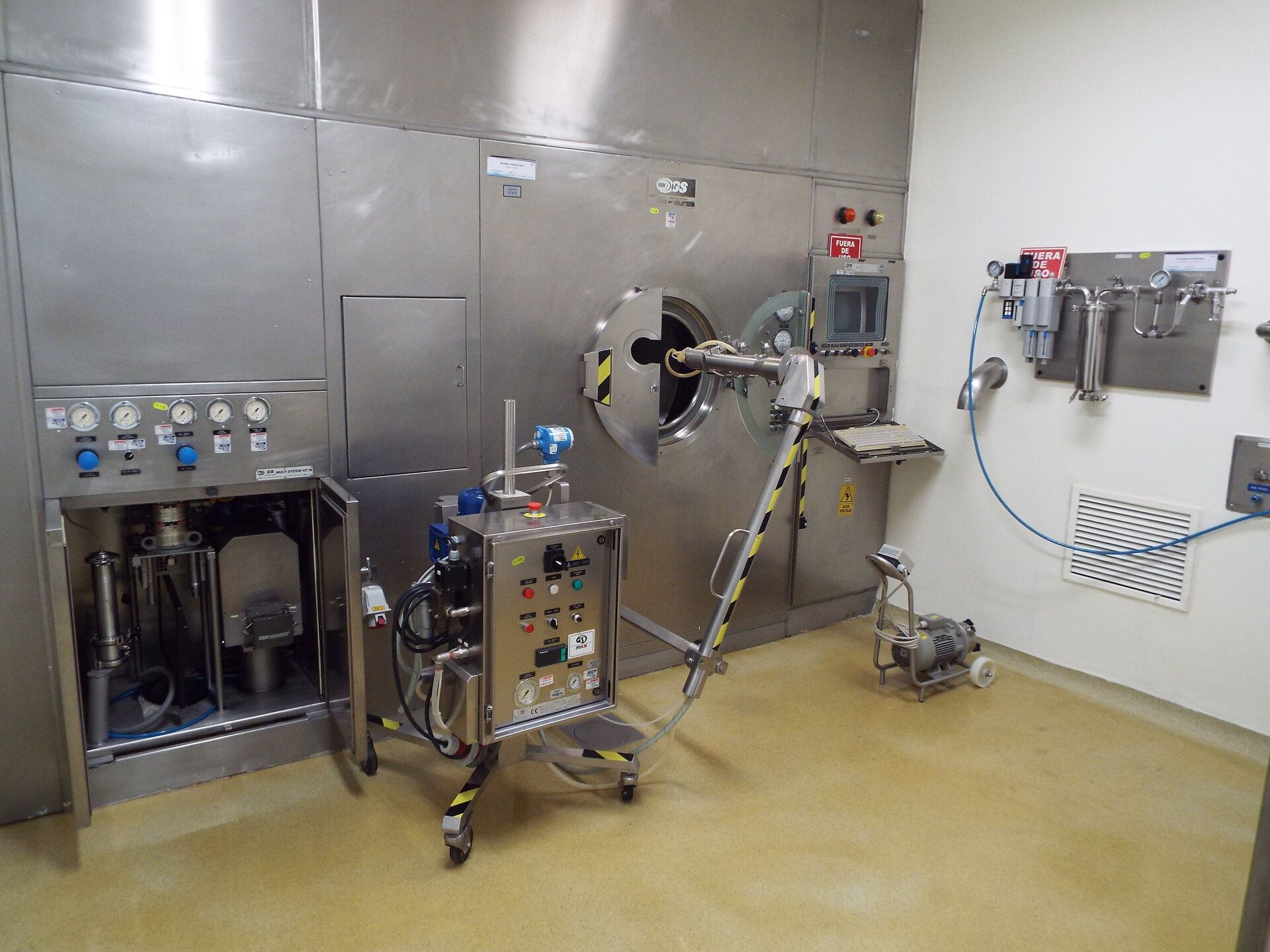 Pellegrini stainless steel 48" model HT-MT150 coating system with 2 spray pumps nozzles and cip pump