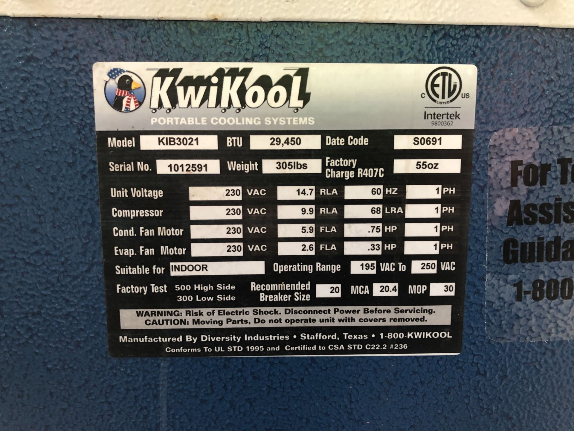 Kwikool model KIB3021 Serial #1012591 portable cooling unit for small rooms 29,450 BTU with 5 gallon - Image 2 of 2