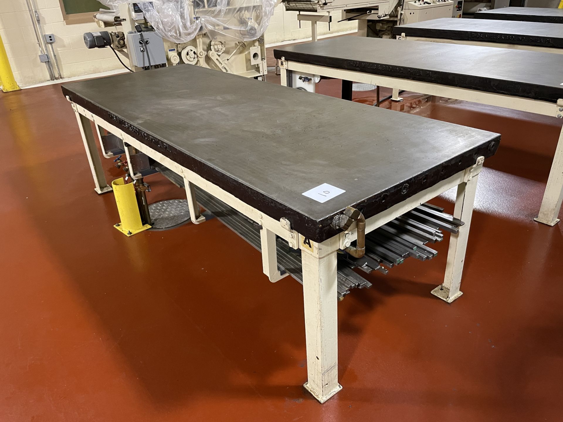 Mills 3 x 8 ft carbon steel water jacketed cold table, 30" tall with lot of bars, with mixing