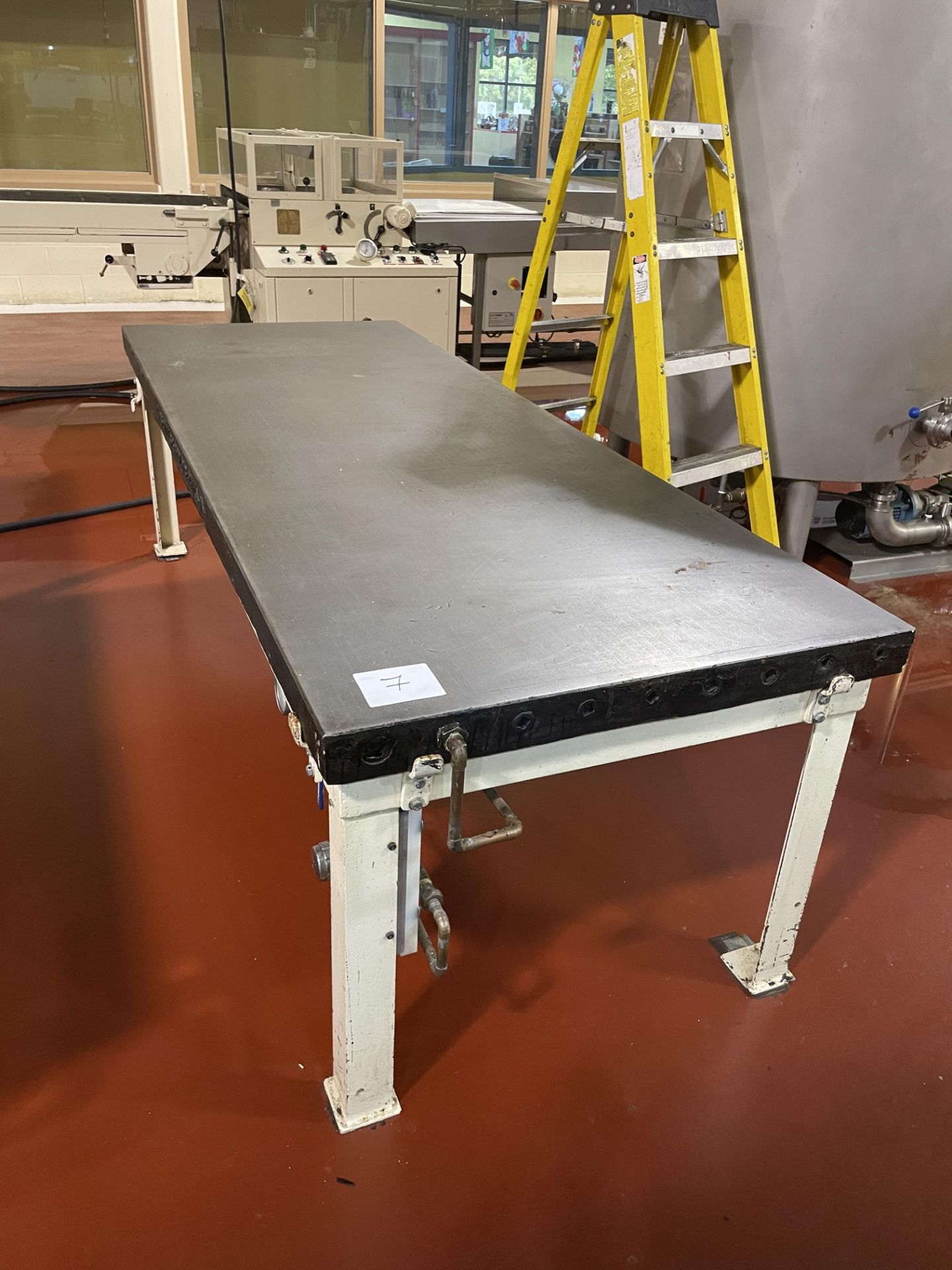 Mills 3 x 8 ft carbon steel water jacketed cold table, 30" tall with mixing valves