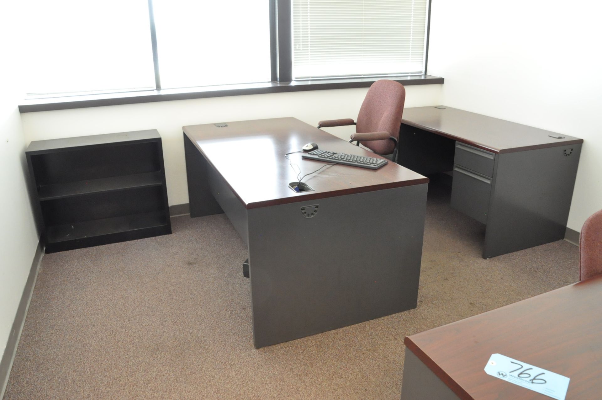 Lot-(6) Desks, (5) Chairs, (1) File Cabinet, (2) Bookcases and (1) Table in (2) Offices