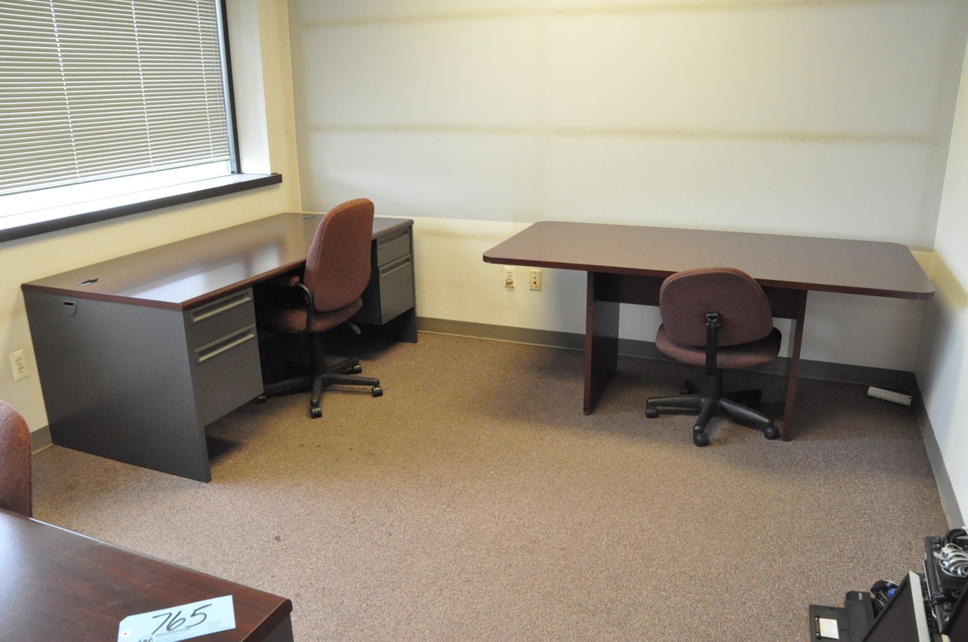 Lot-(7) Desks, (6) Chairs, (1) Bookcase and (1) File Cabinet in (2) Offices