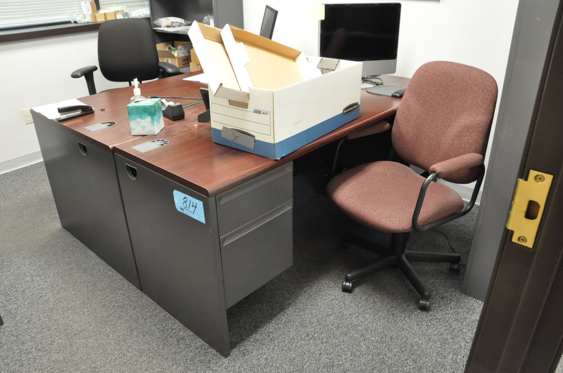 Lot-(2) Desks, (2) Chairs, (1) Credenza and (2) Bookcases in (1) Office