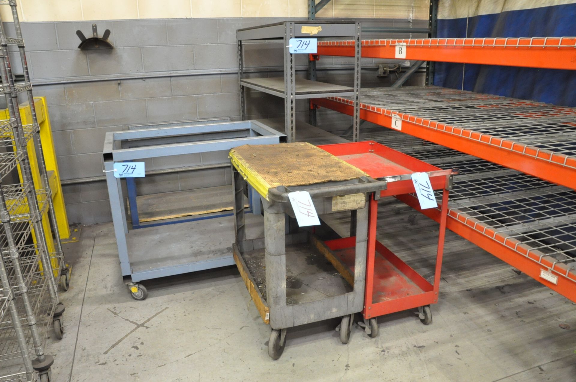 Lot-(2) Shop Carts, (2) Rolling Table Frames and (1) Section Light Duty Shelving